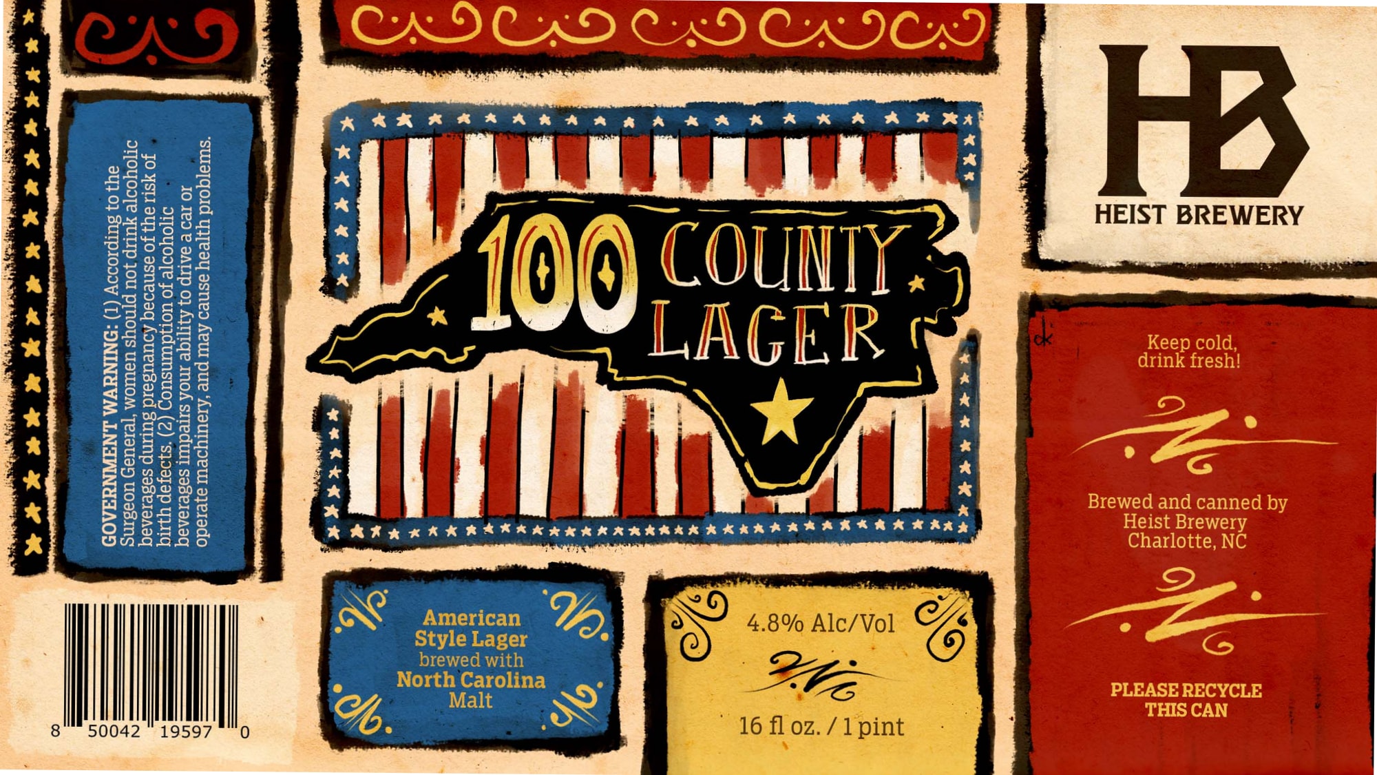 100 County Lager by Heist Brewery - beer label