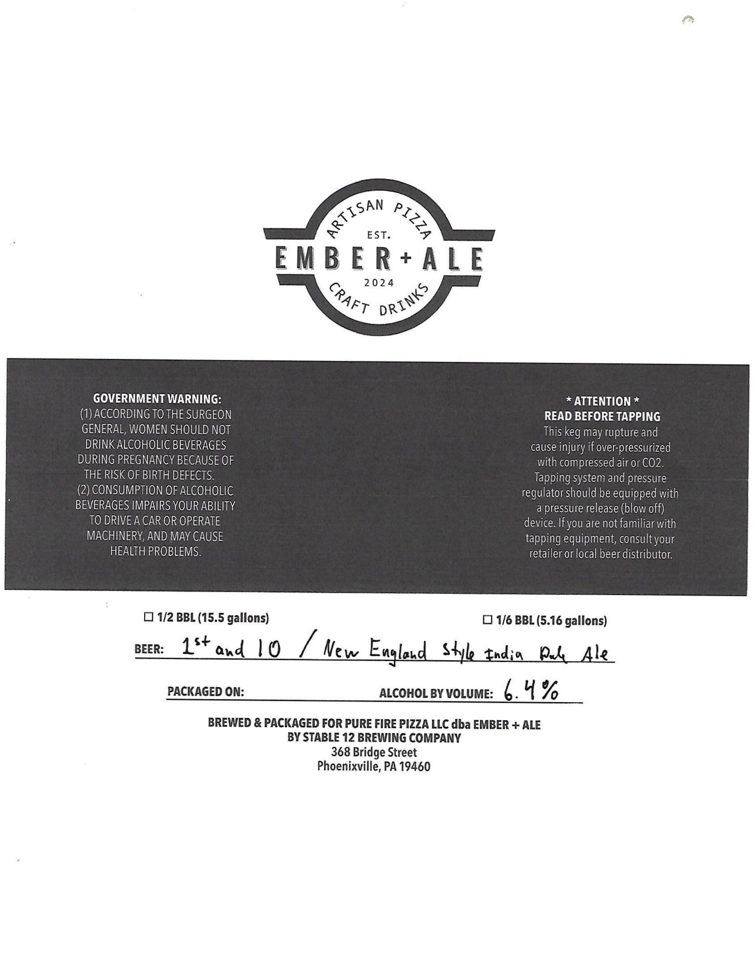 1st and 10 by Ember + Ale - beer label