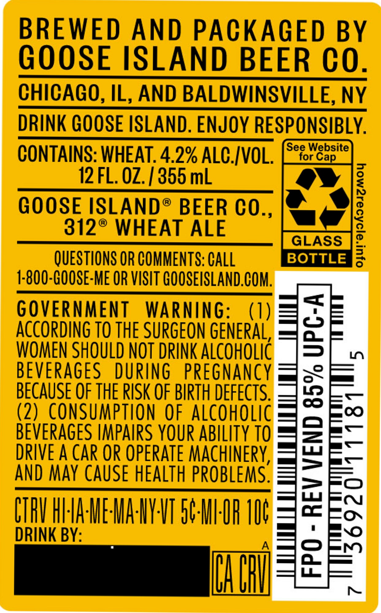 312 Wheat Ale by Goose Island Beer Co. - beer label