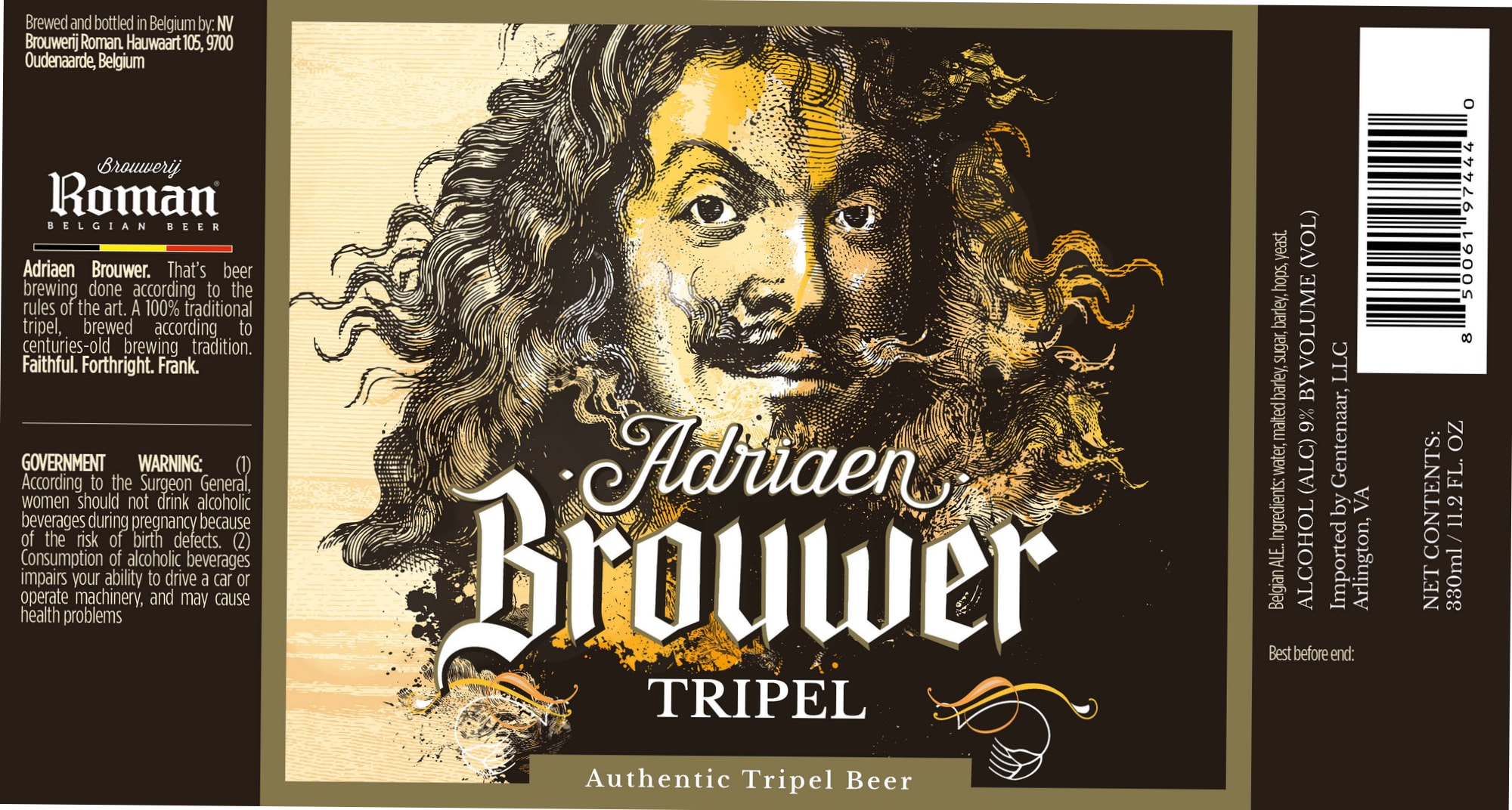 Adriaen Brouwer Tripel by Brouwerij Roman - beer label