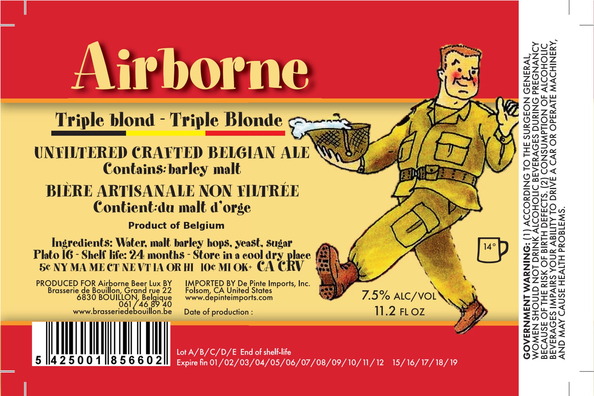Airborne Triple Blonde by Brasserie de Bouillon - beer label