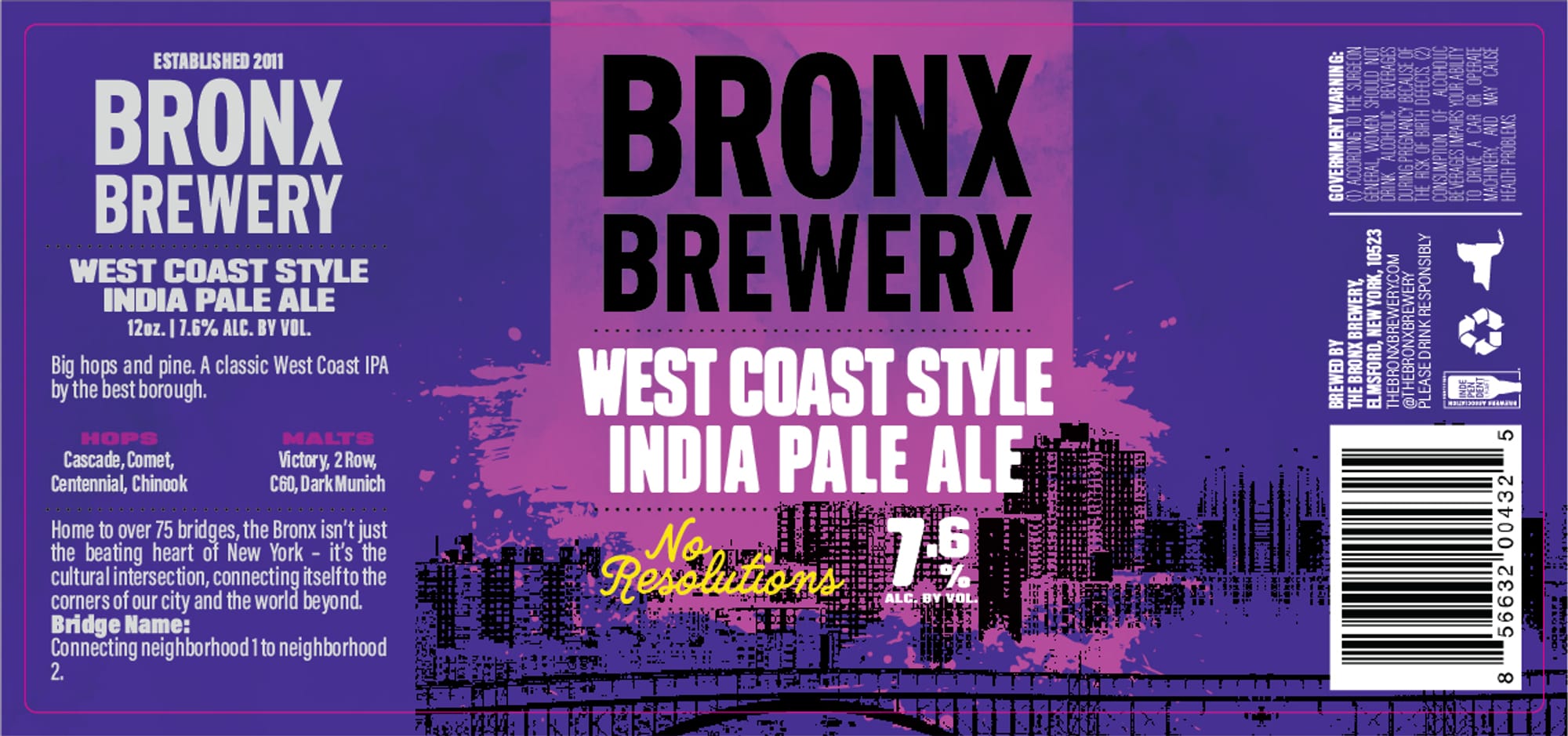 West Coast Style India Pale Ale by Bronx Brewery - beer label