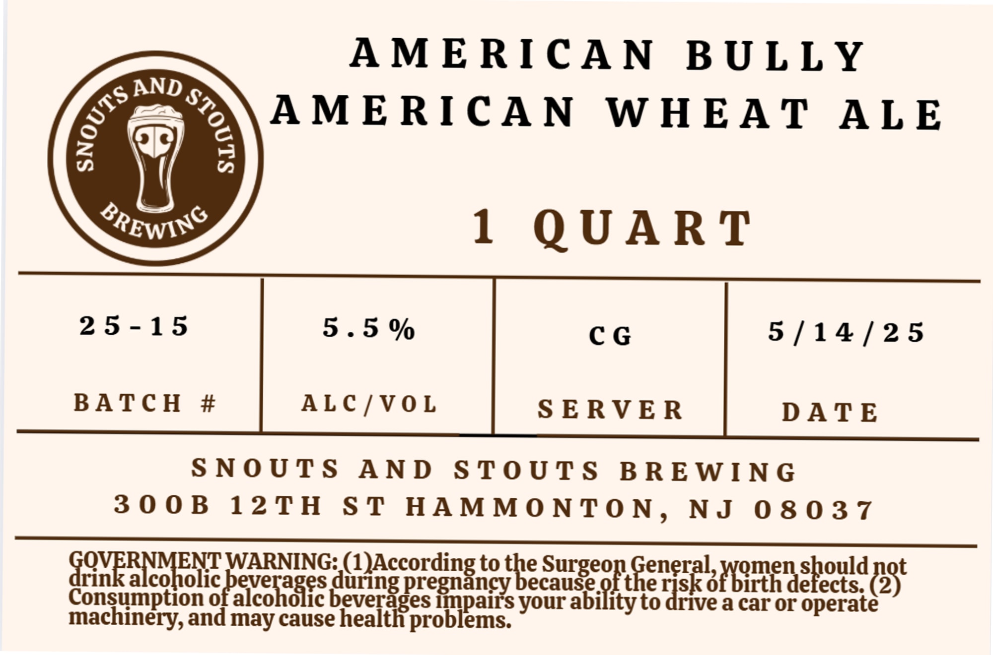 American Bully by Snouts and Stouts Brewing - beer label
