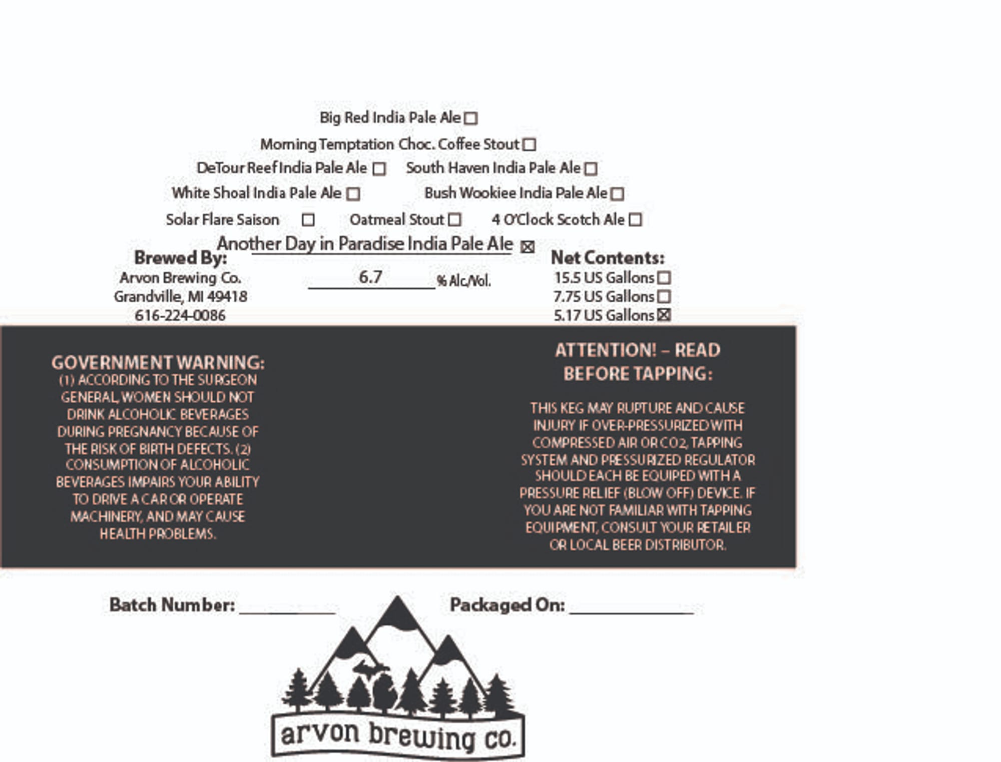 Another Day in Paradise by Arvon Brewing Co. - beer label