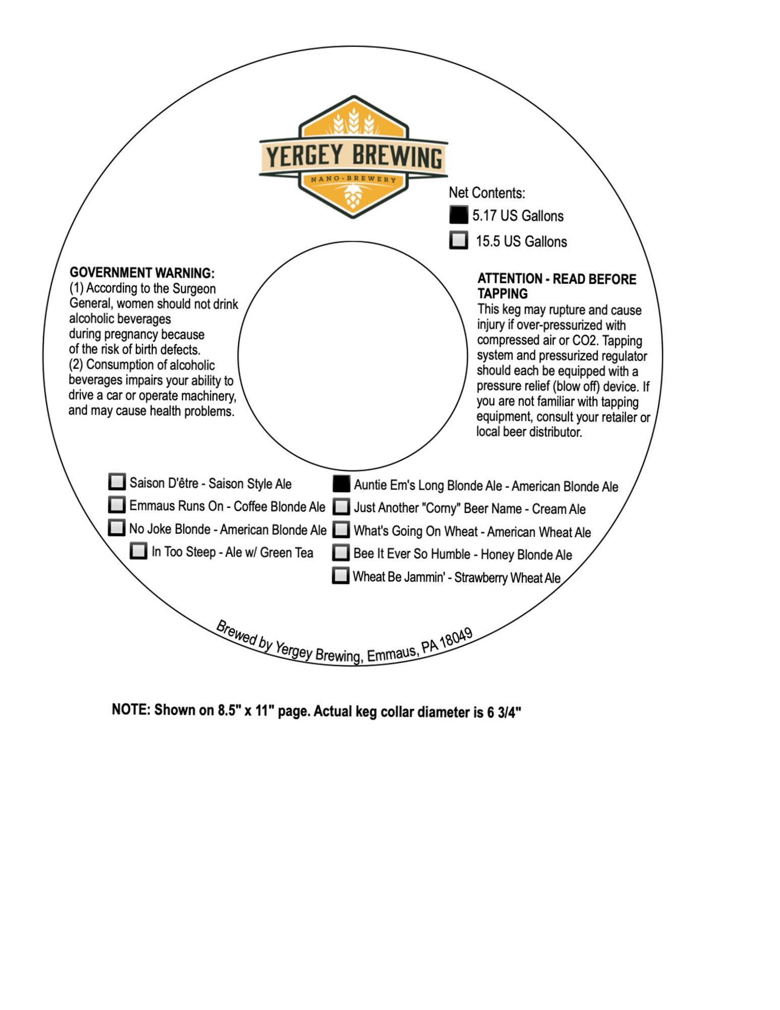 Auntie Em’s Long Blonde Ale by Yergey Brewing - beer label