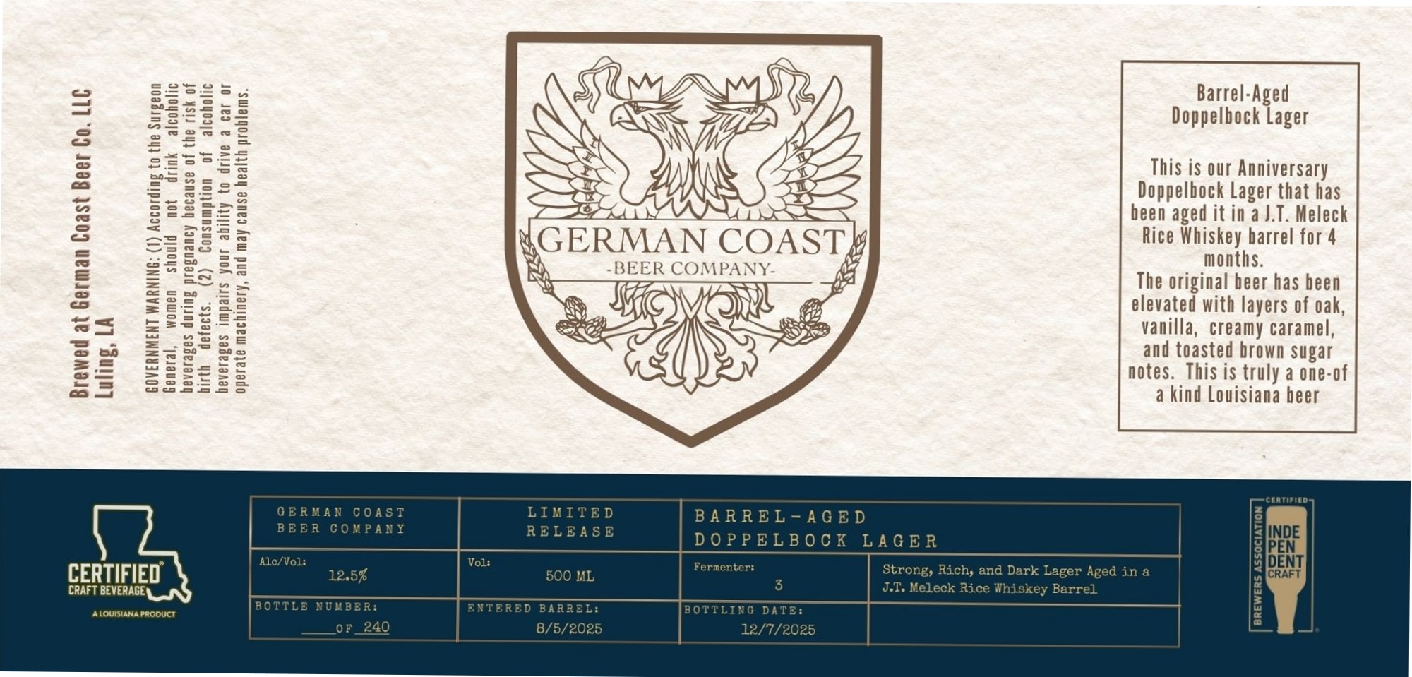 Barrel-Aged Doppelbock Lager by German Coast Beer Company - beer label
