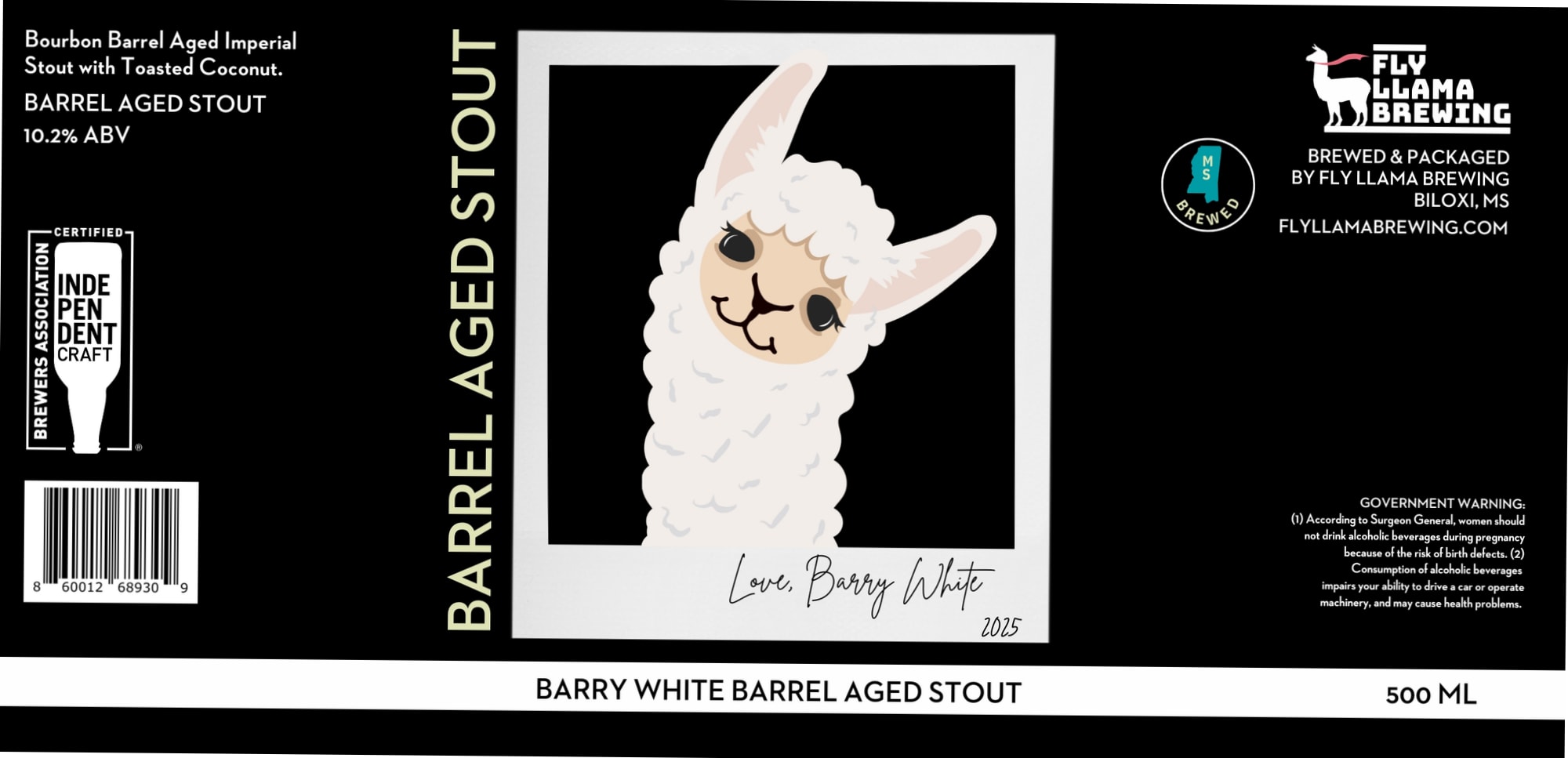 Barry White Barrel Aged Stout by Fly Llama Brewing - beer label