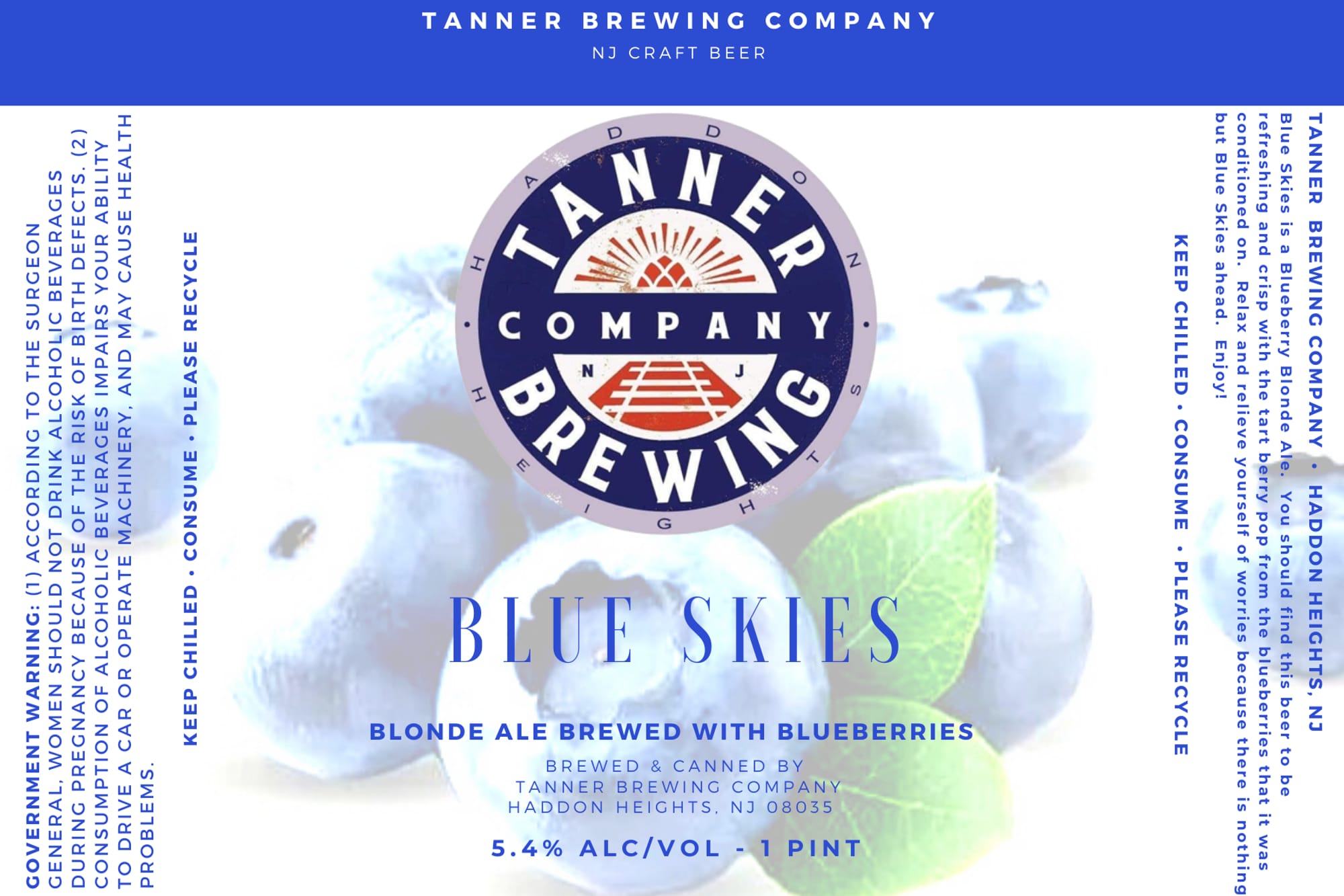 BLUE SKIES by TANNER BREWING COMPANY - beer label