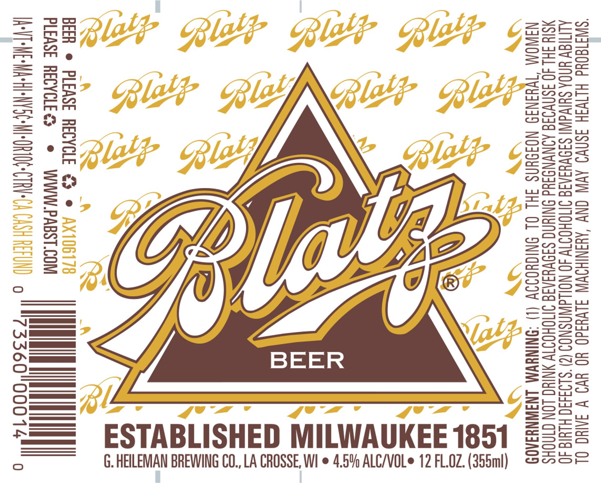 Blatz by G. Heileman Brewing Co. - beer label