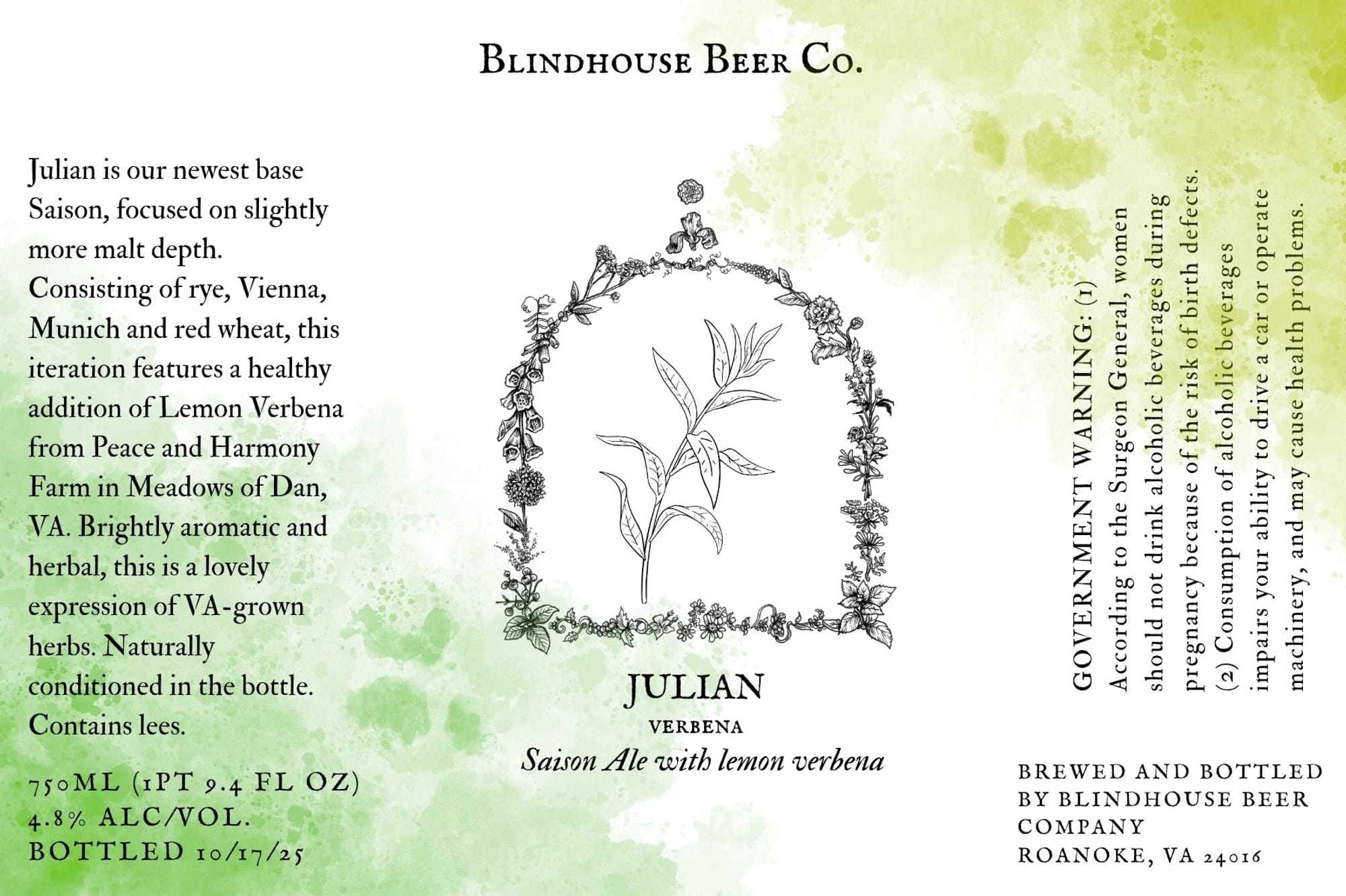 Julian Verbena by Blindhouse Beer Co. - beer label