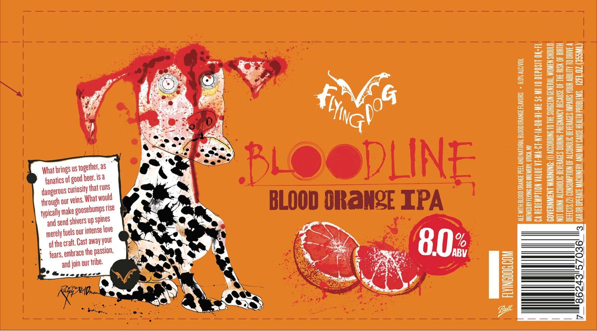 Bloodline Blood Orange IPA by Flying Dog Brewery - beer label