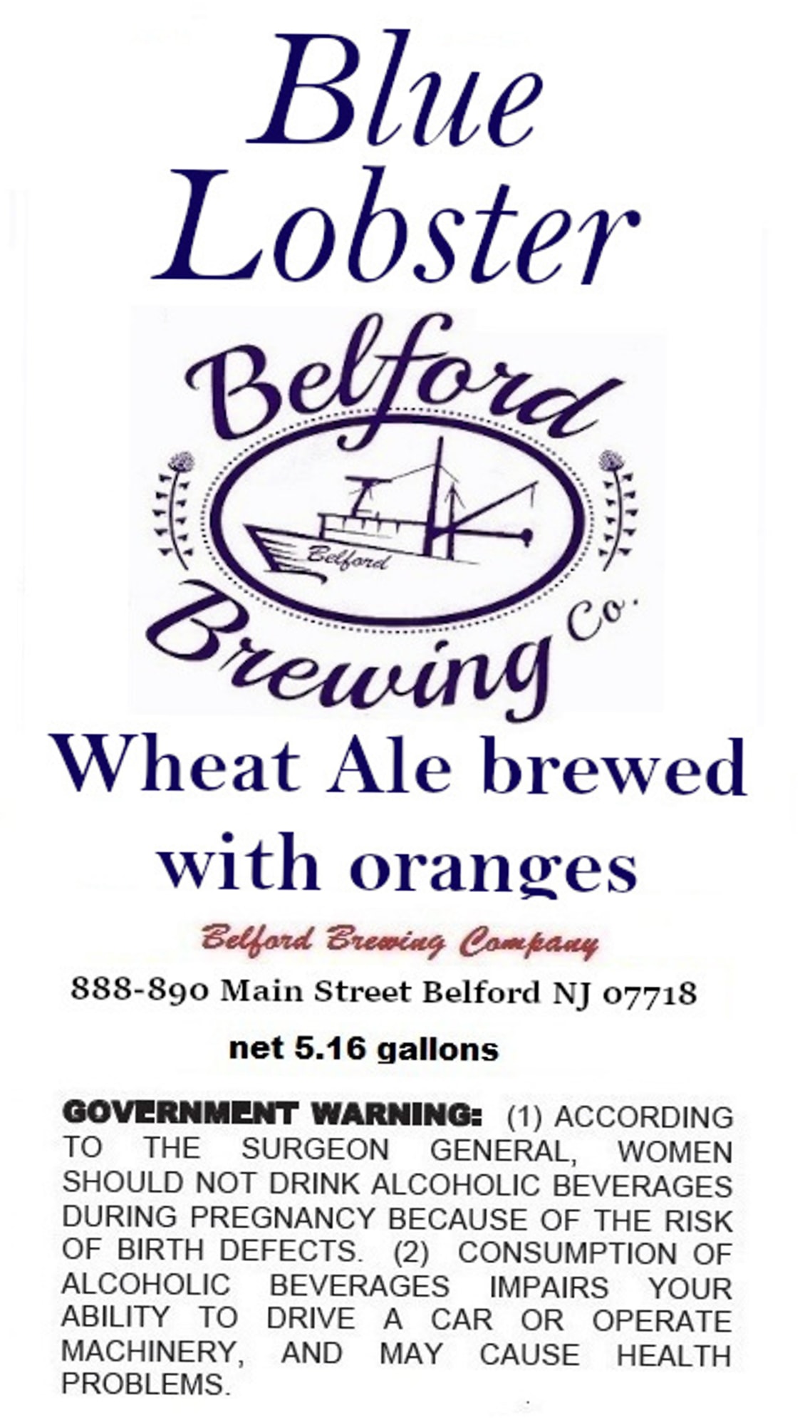 Blue Lobster Belford by Belford Brewing Company - beer label