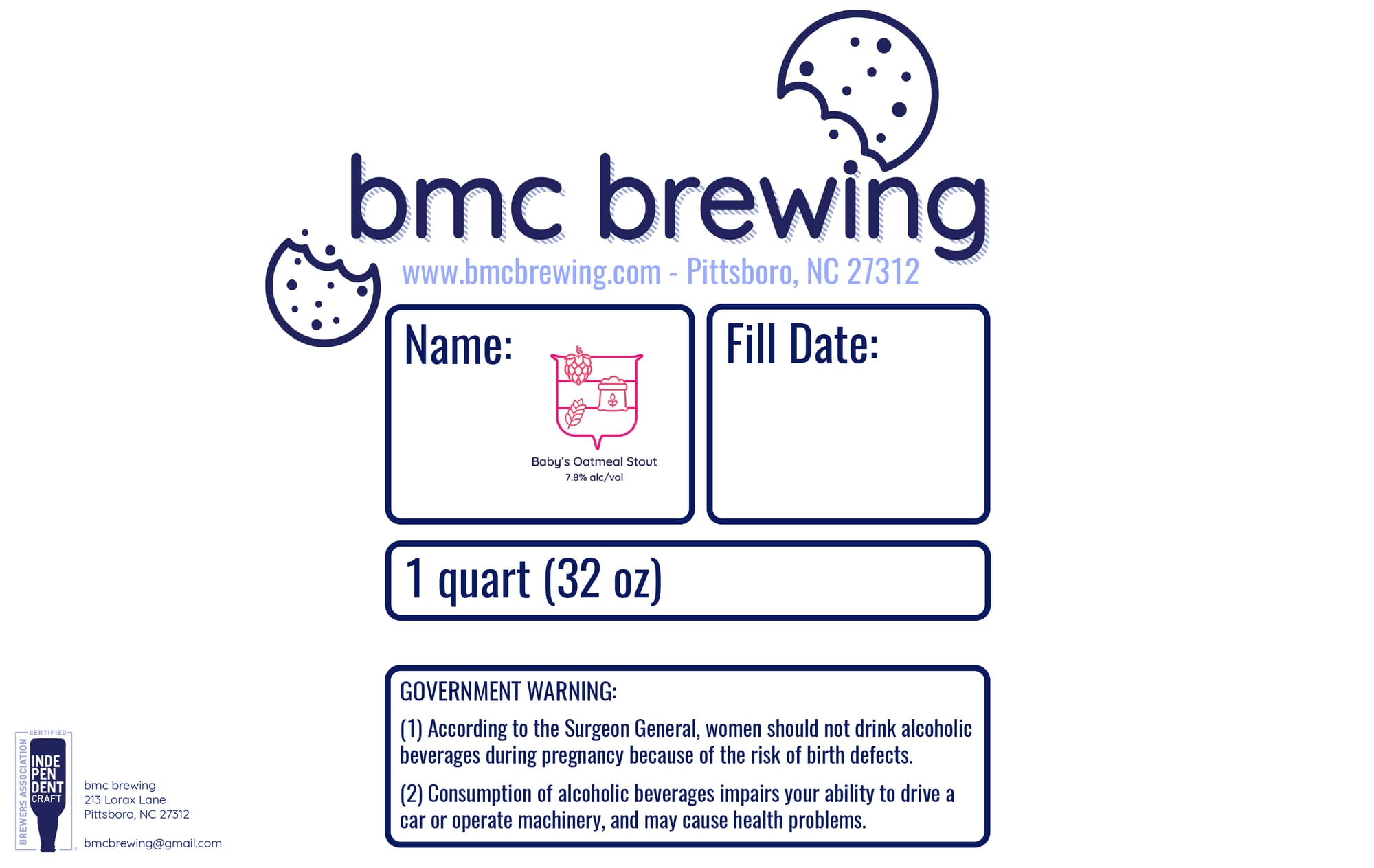 Baby’s Oatmeal Stout by bmc Brewing - beer label