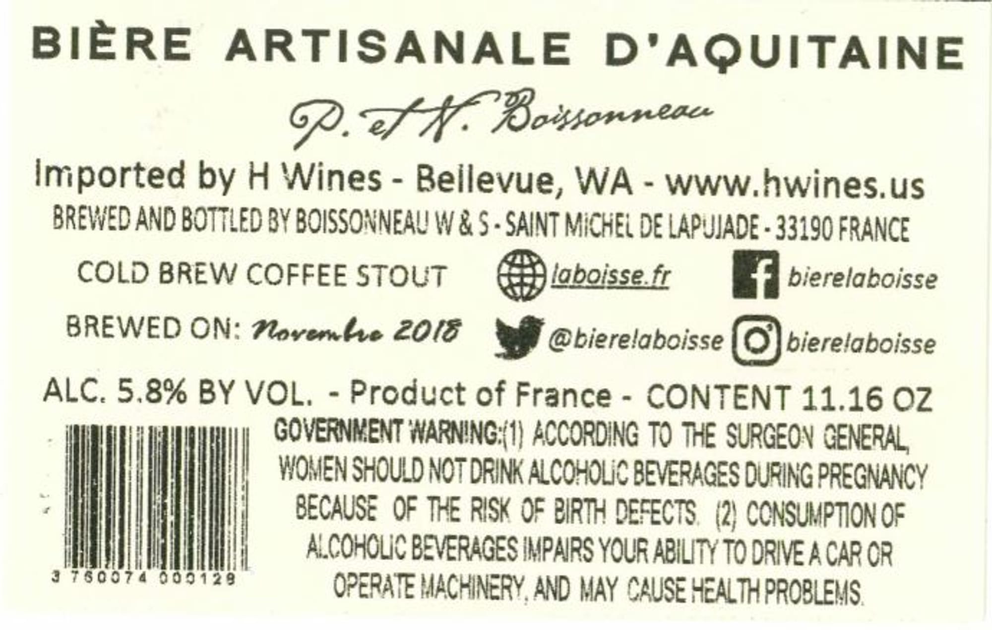Cold Brew Coffee Stout by Boissonneau - beer label