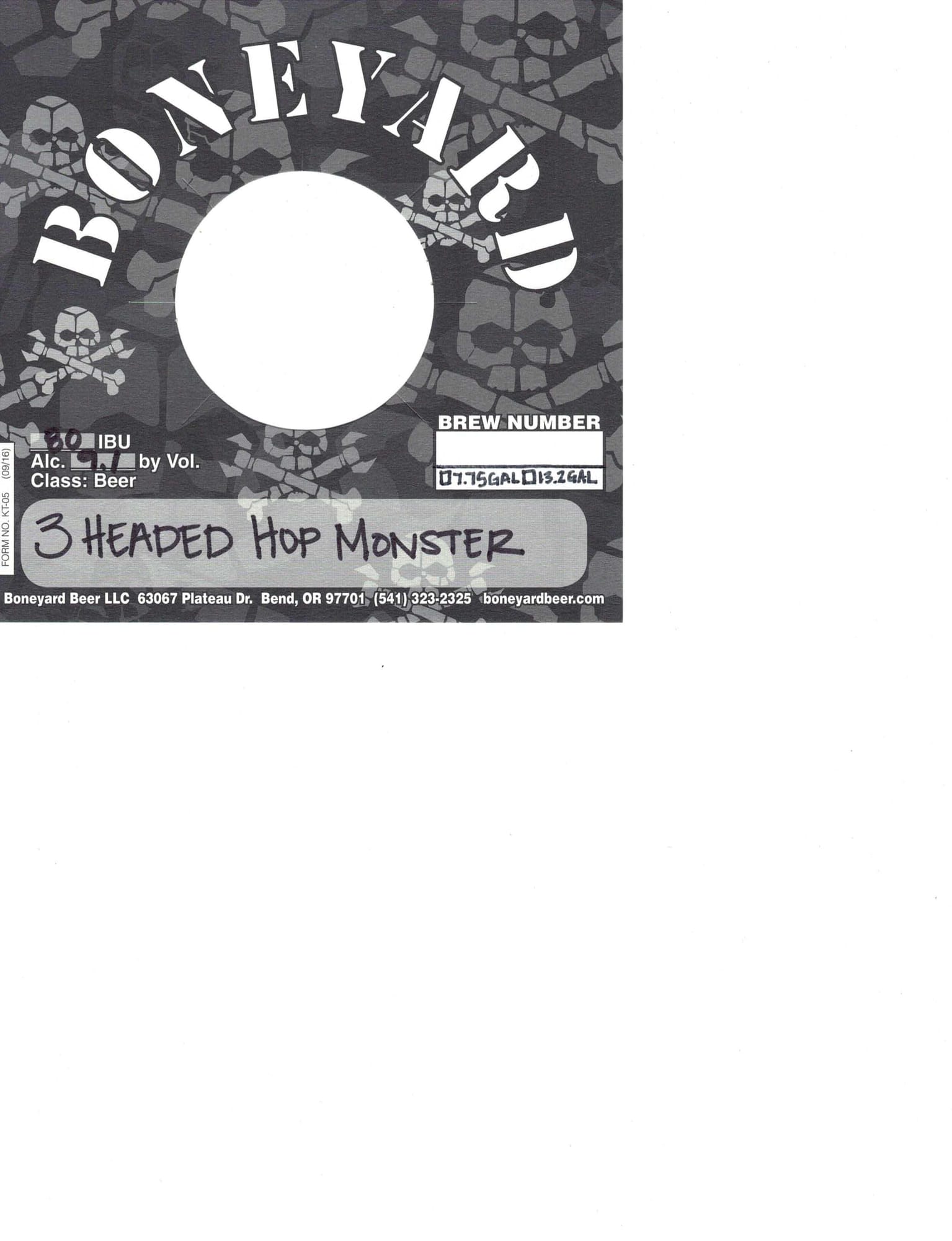 3 Headed Hop Monster by Boneyard Beer LLC - beer label