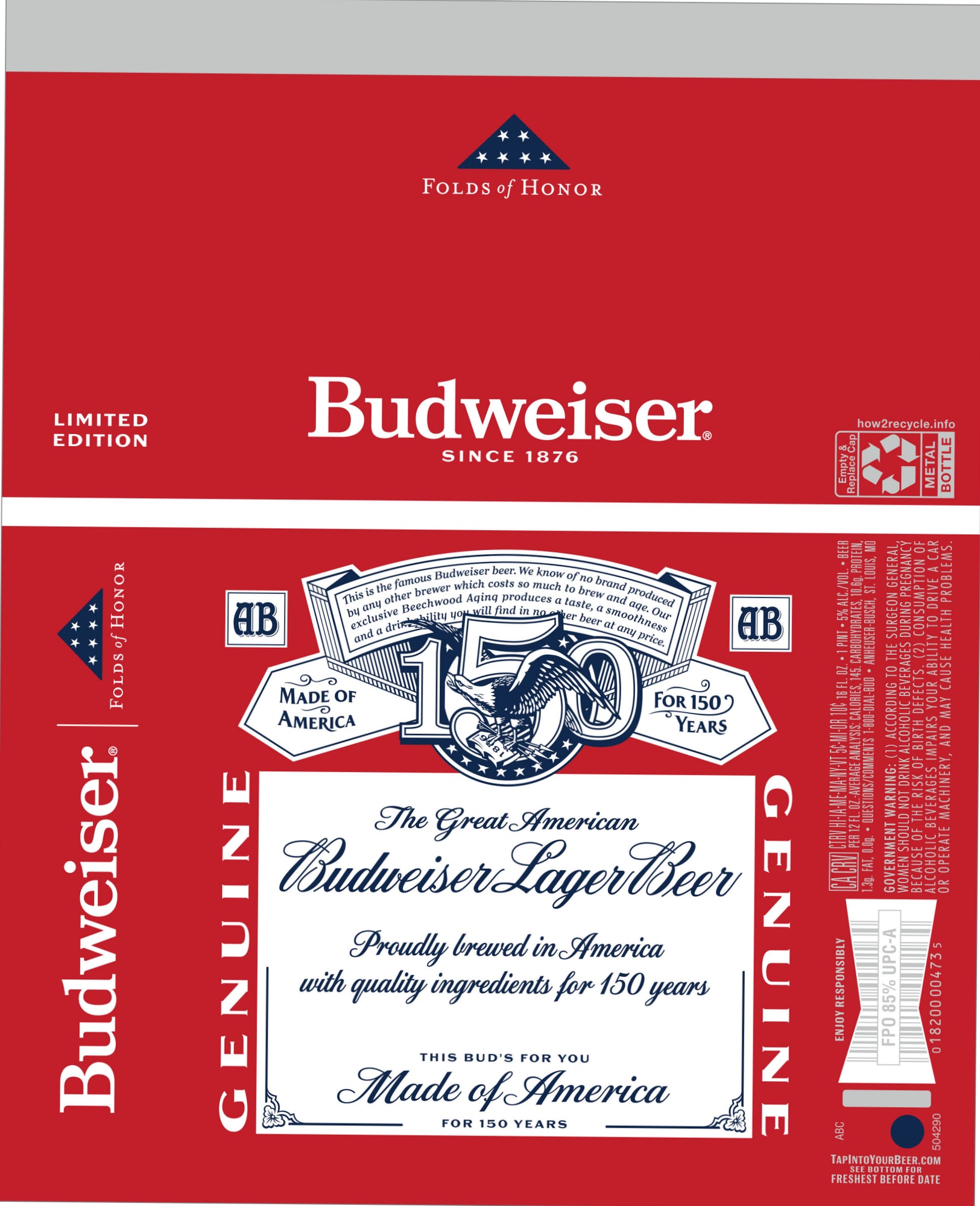 Budweiser Lager (150th Anniversary Edition) by Anheuser-Busch - beer label