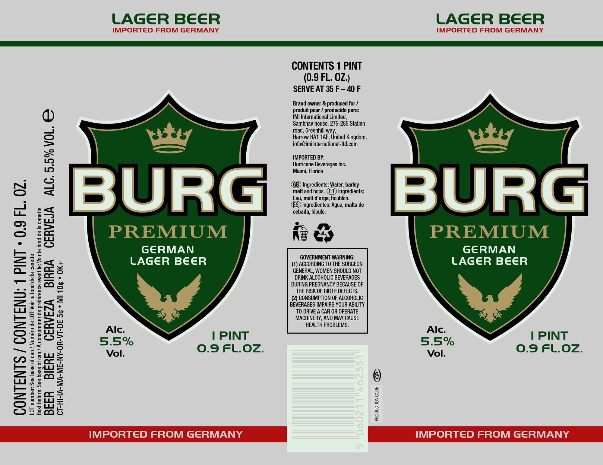 Burg Premium Lager Beer by MI International Limited - beer label