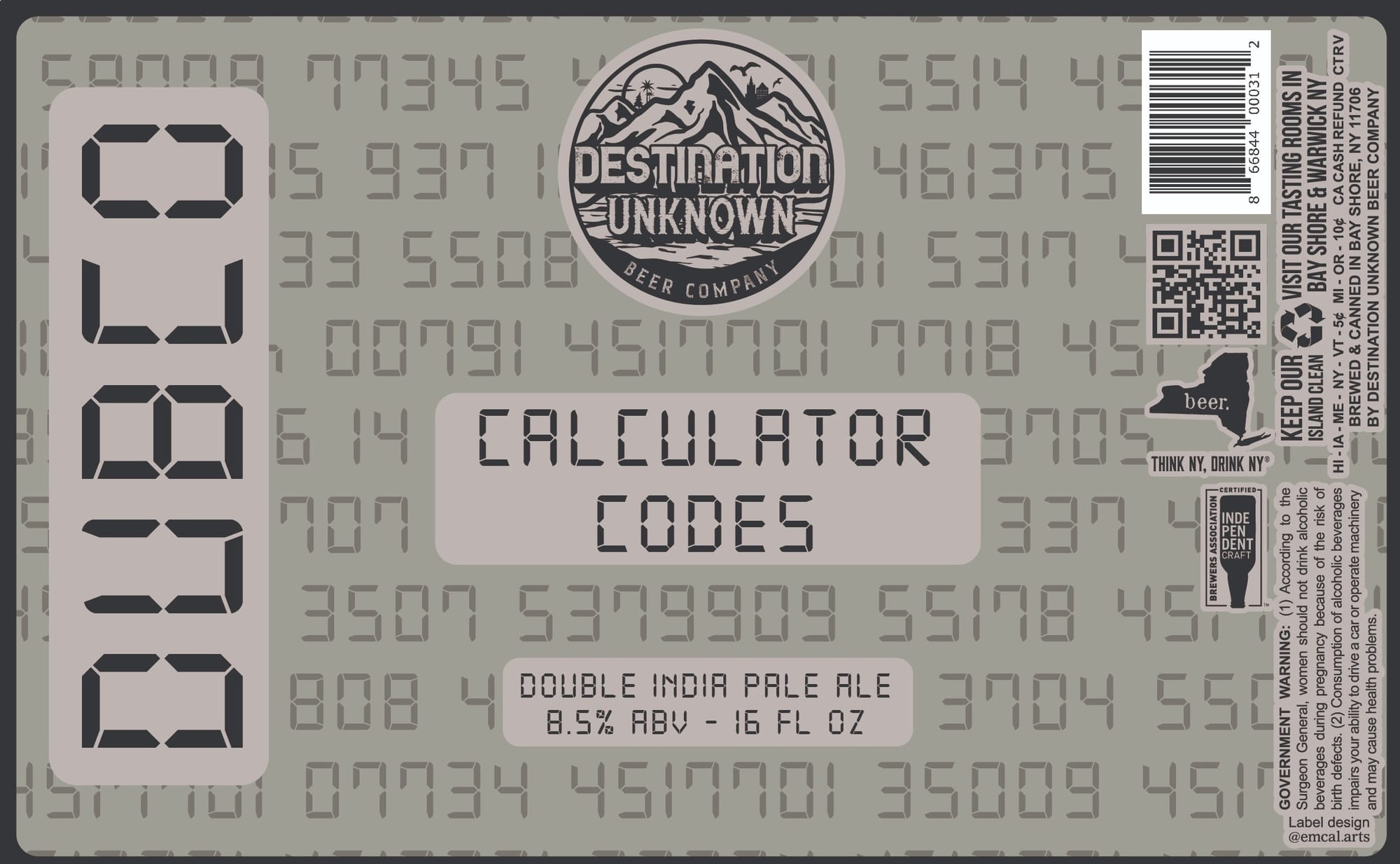 Calculator Codes by Destination Unknown Beer Company - beer label