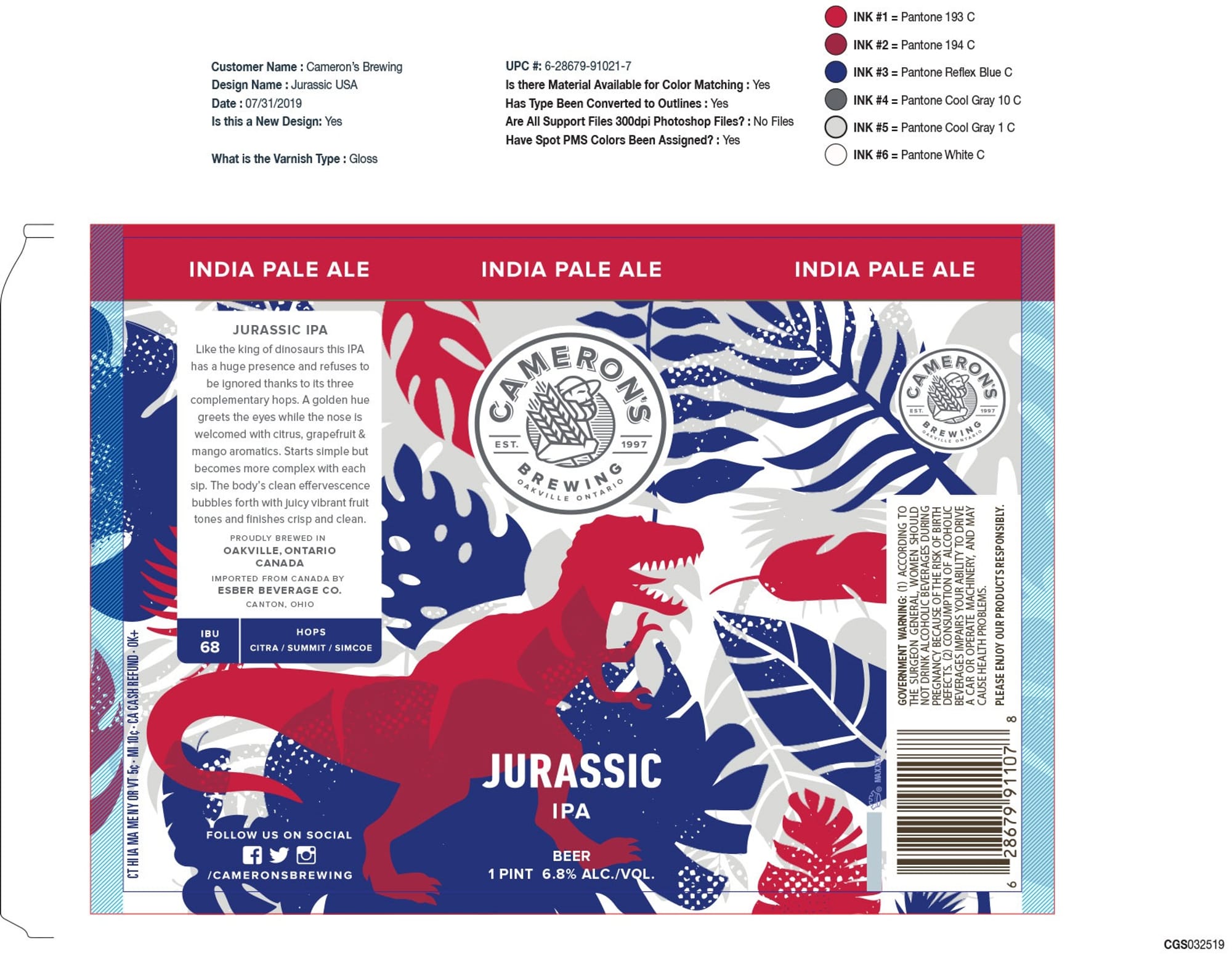 Jurassic IPA by Cameron's Brewing - beer label