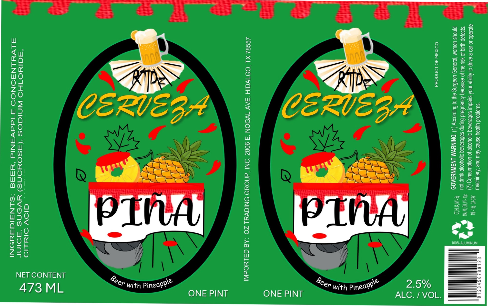 Cerveza Piña by Oz Trading Group, Inc. - beer label
