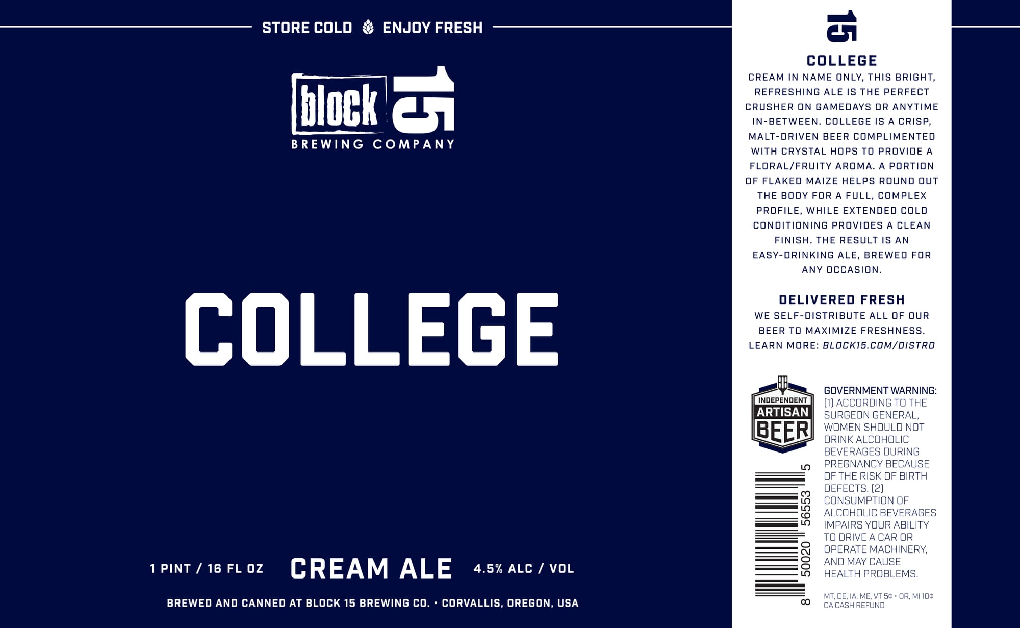 College Cream Ale by Block 15 Brewing Company - beer label