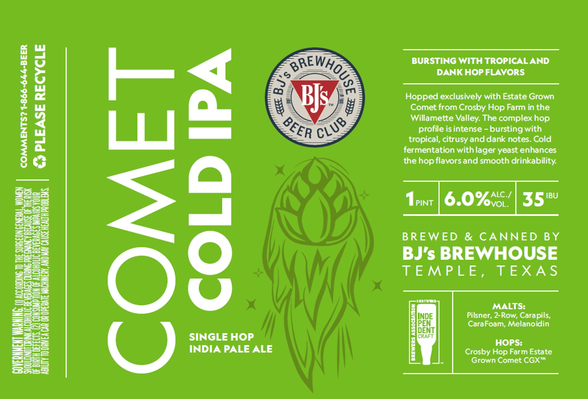 Comet Cold IPA by BJ’s Brewhouse - beer label