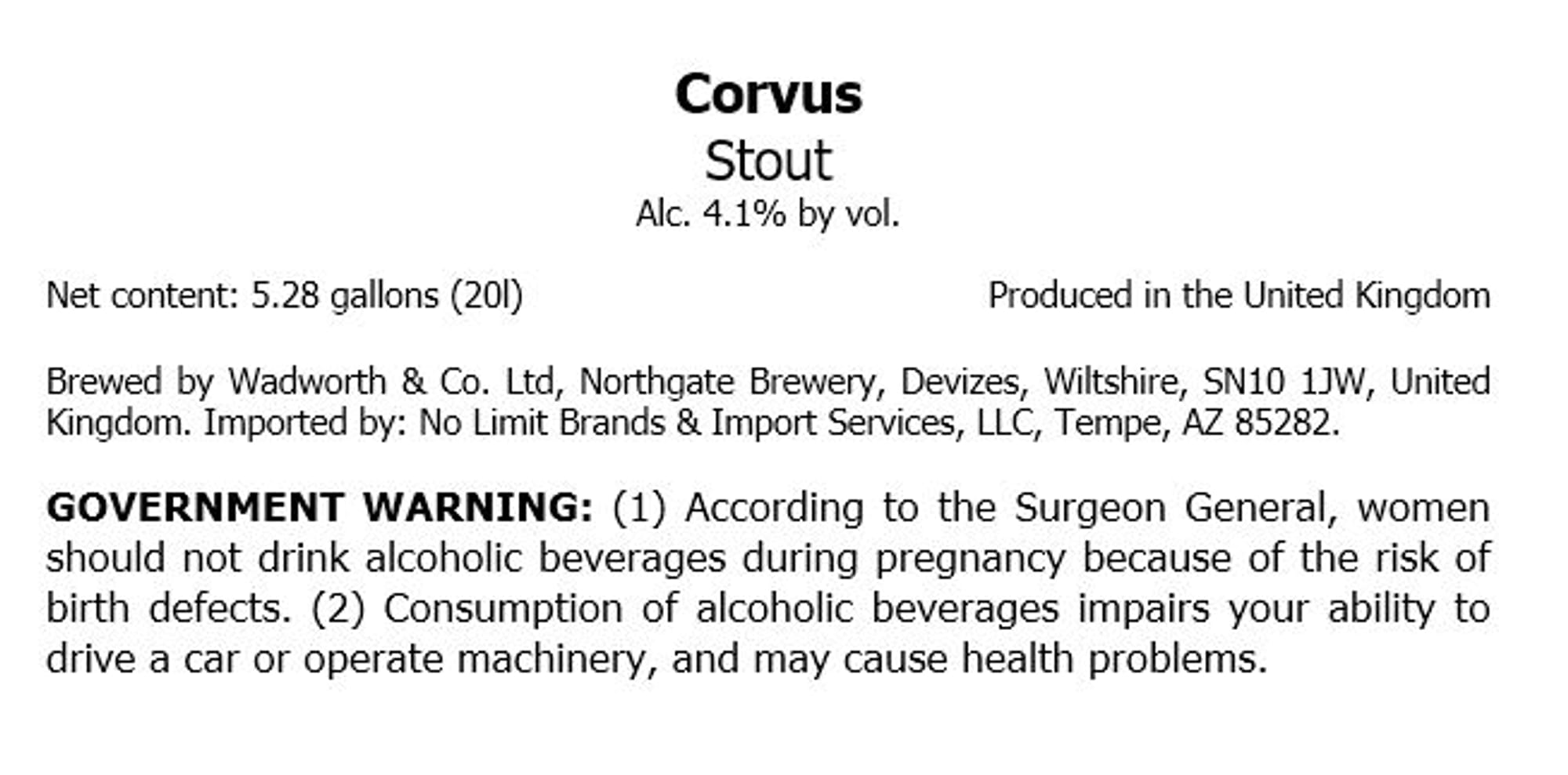 Corvus Stout by Wadworth & Co. Ltd. - beer label
