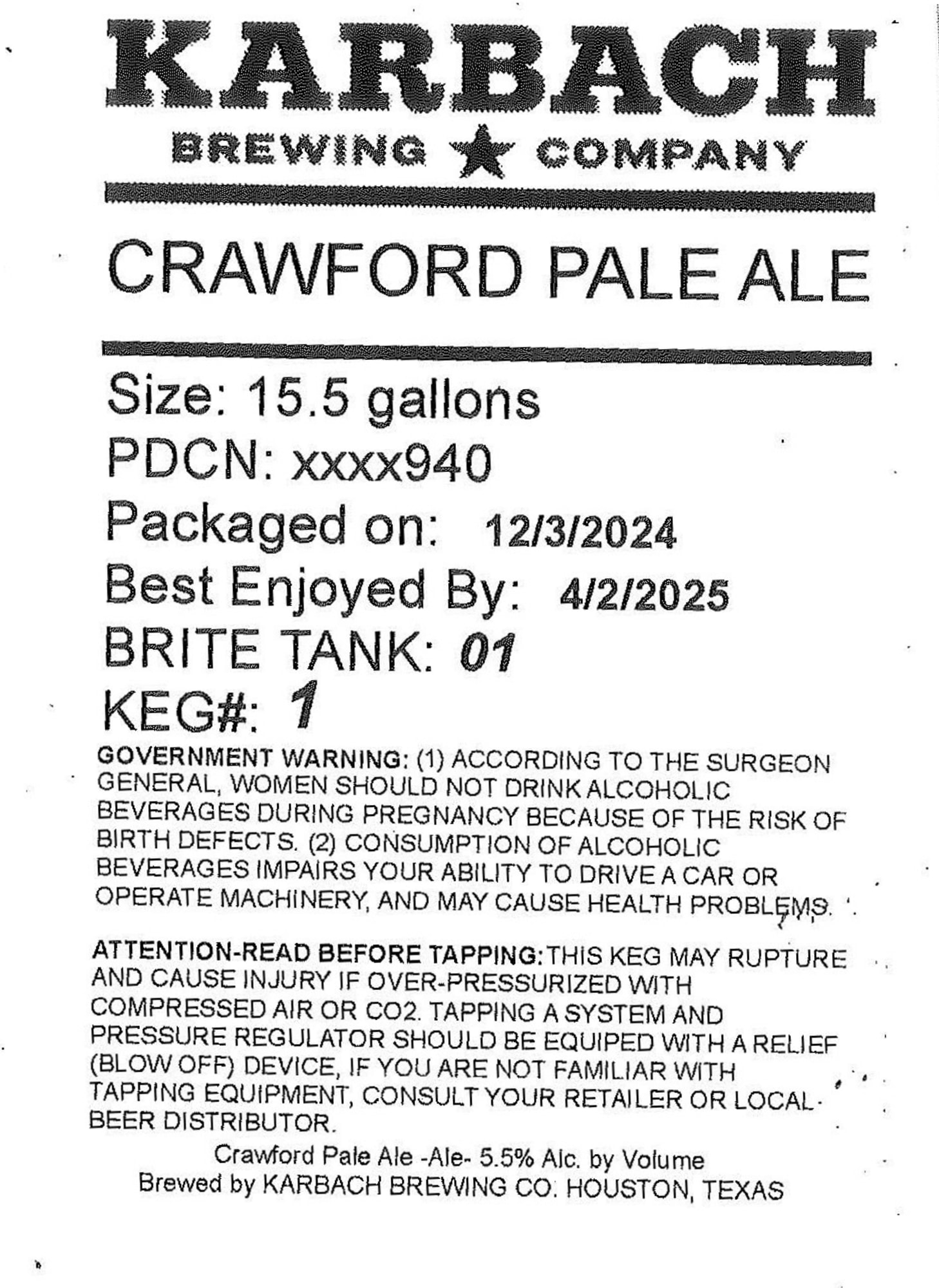 Crawford Pale Ale by Karbach Brewing Company - beer label