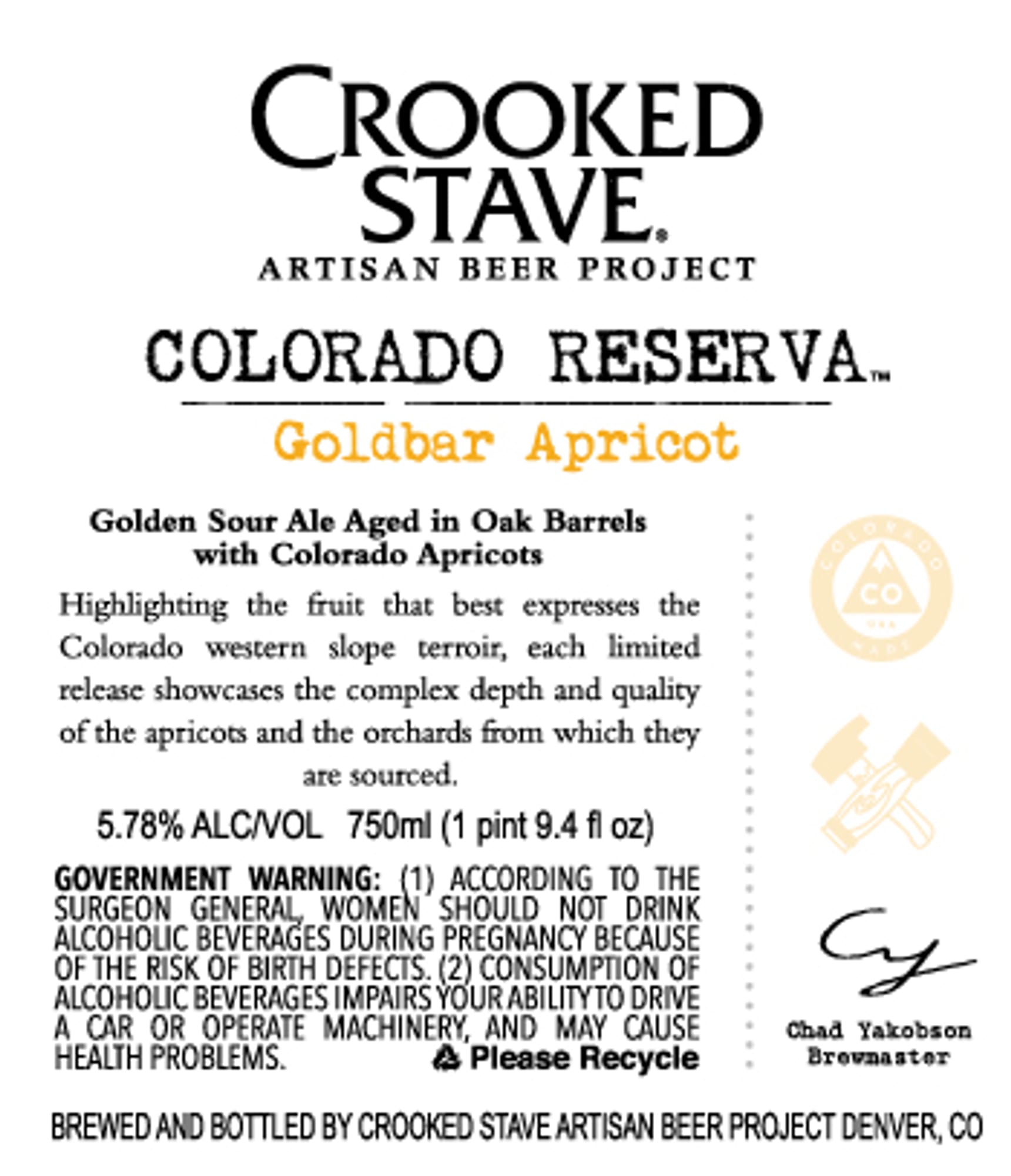 Colorado Reserva Goldbar Apricot by Crooked Stave Artisan Beer Project - beer label