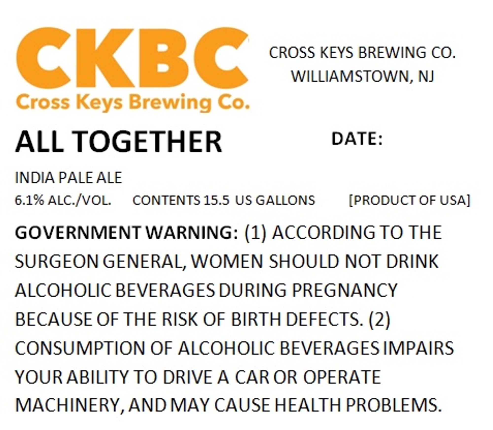 All Together by Cross Keys Brewing Co. - beer label