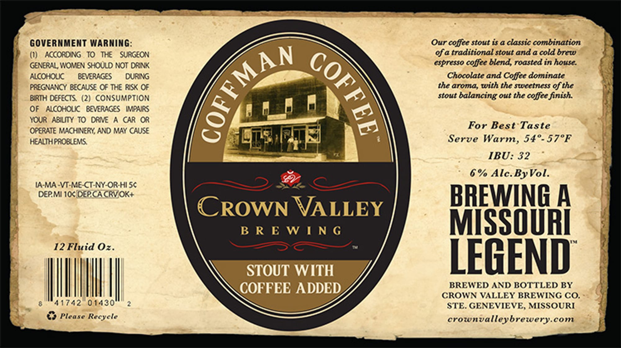 Coffee Stout with Coffee Added by Crown Valley Brewing - beer label