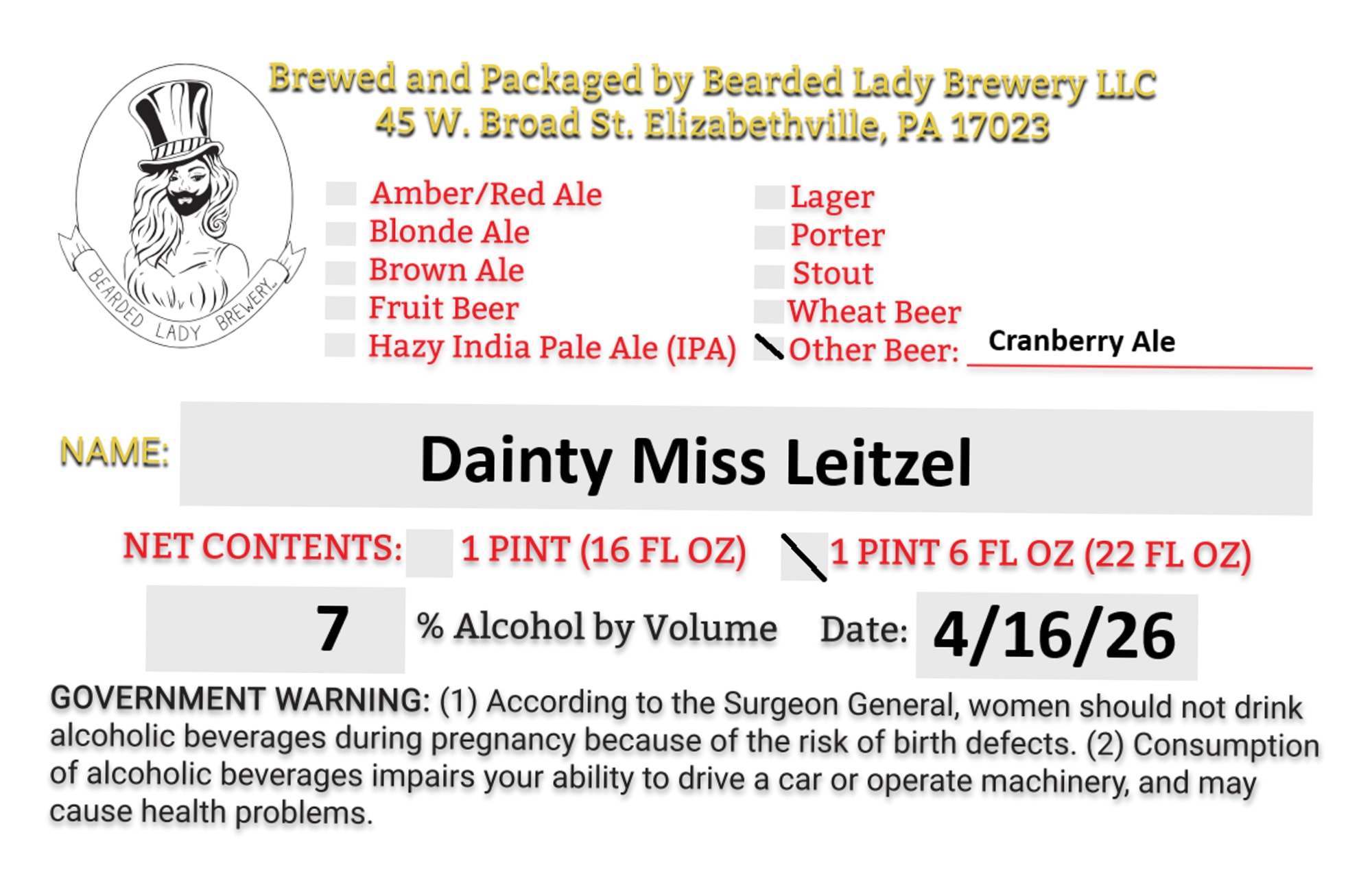 Dainty Miss Leitzel by Bearded Lady Brewery - beer label
