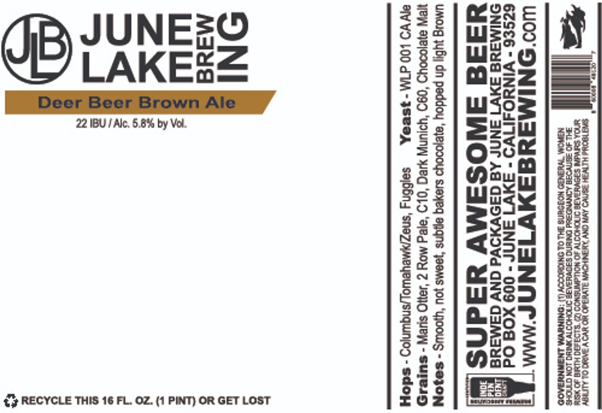 Deer Beer Brown Ale by June Lake Brewing - beer label
