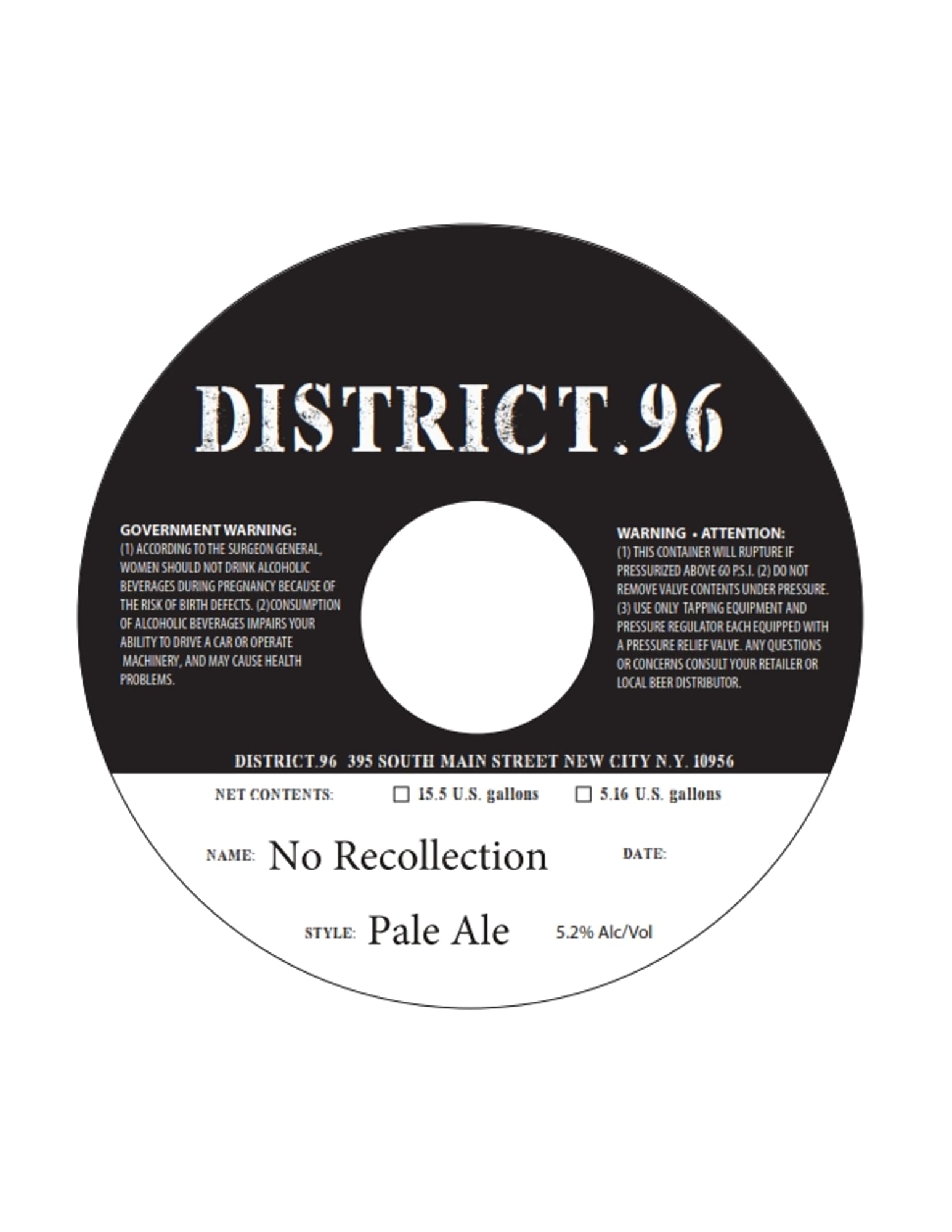 No Recollection by District .96 - beer label
