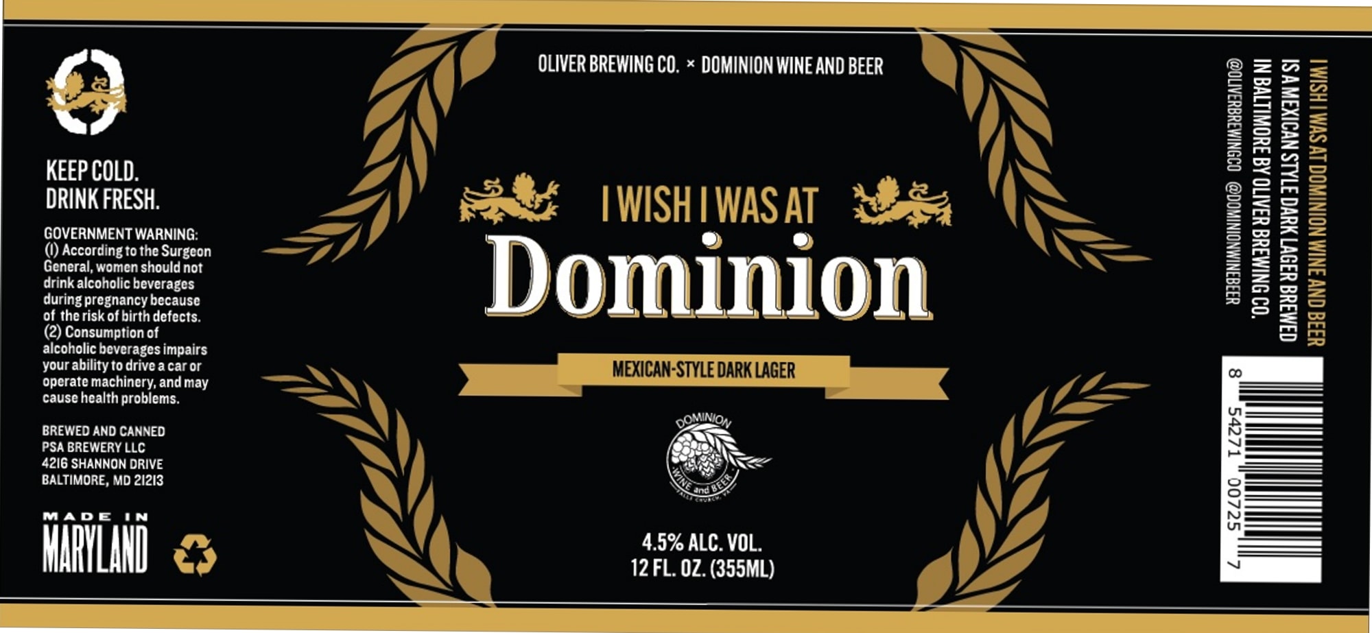 Dominion Wine and Beer by Oliver Brewing Co. - beer label