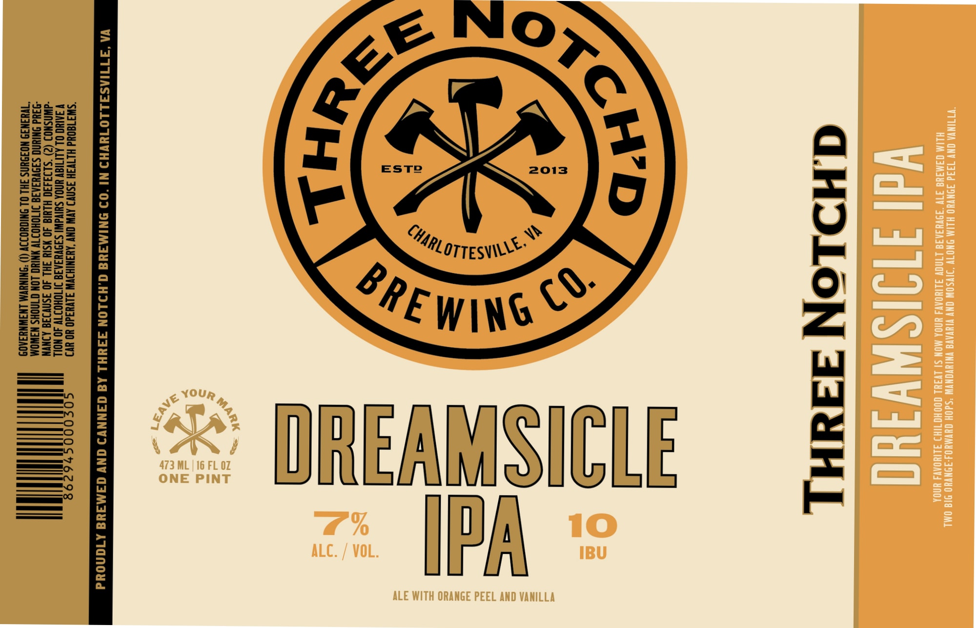 Dreamsicle IPA by Three Notch’d Brewing Co. - beer label