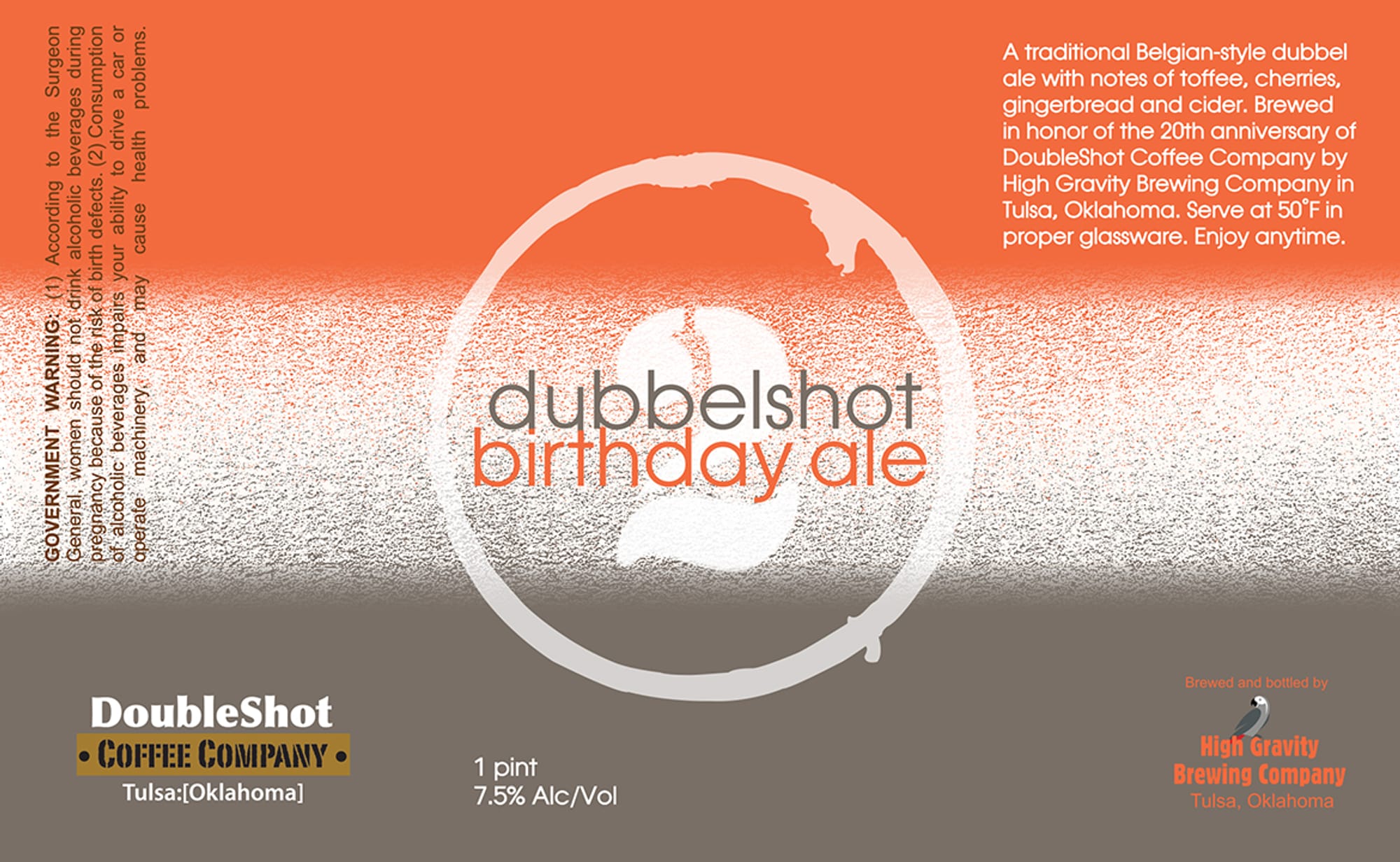dubbelshot birthday ale by High Gravity Brewing Company - beer label