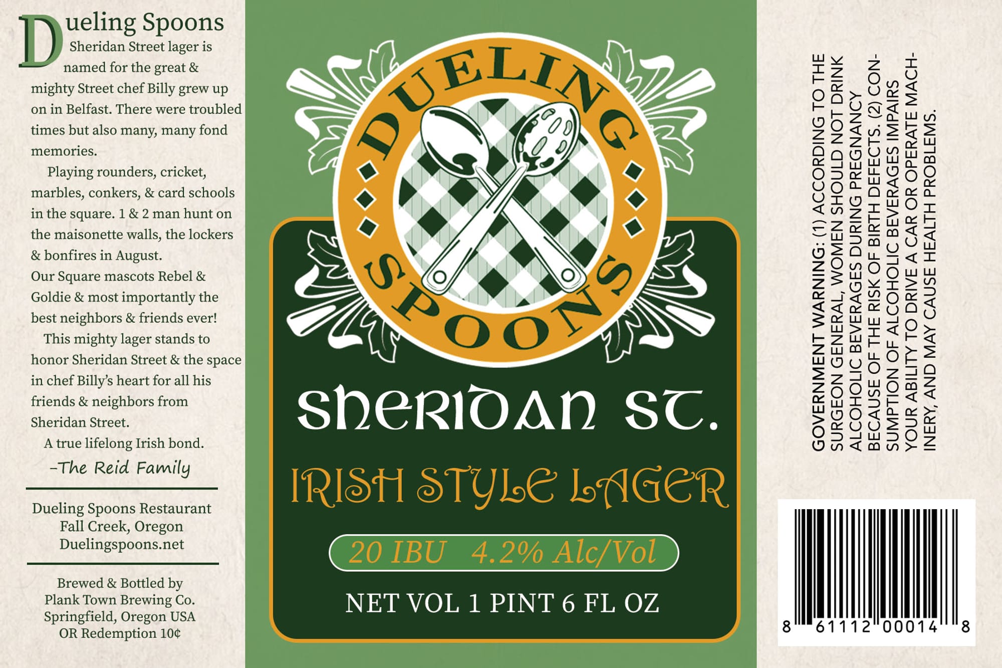 Dueling Spoons Sheridan St. Irish Style Lager by Plank Town Brewing Co. - beer label