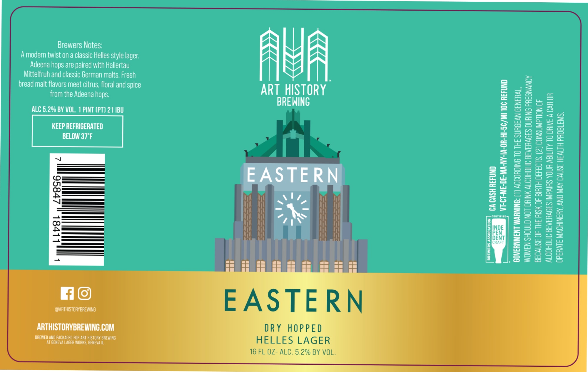 Eastern Dry Hopped Helles Lager by Art History Brewing - beer label