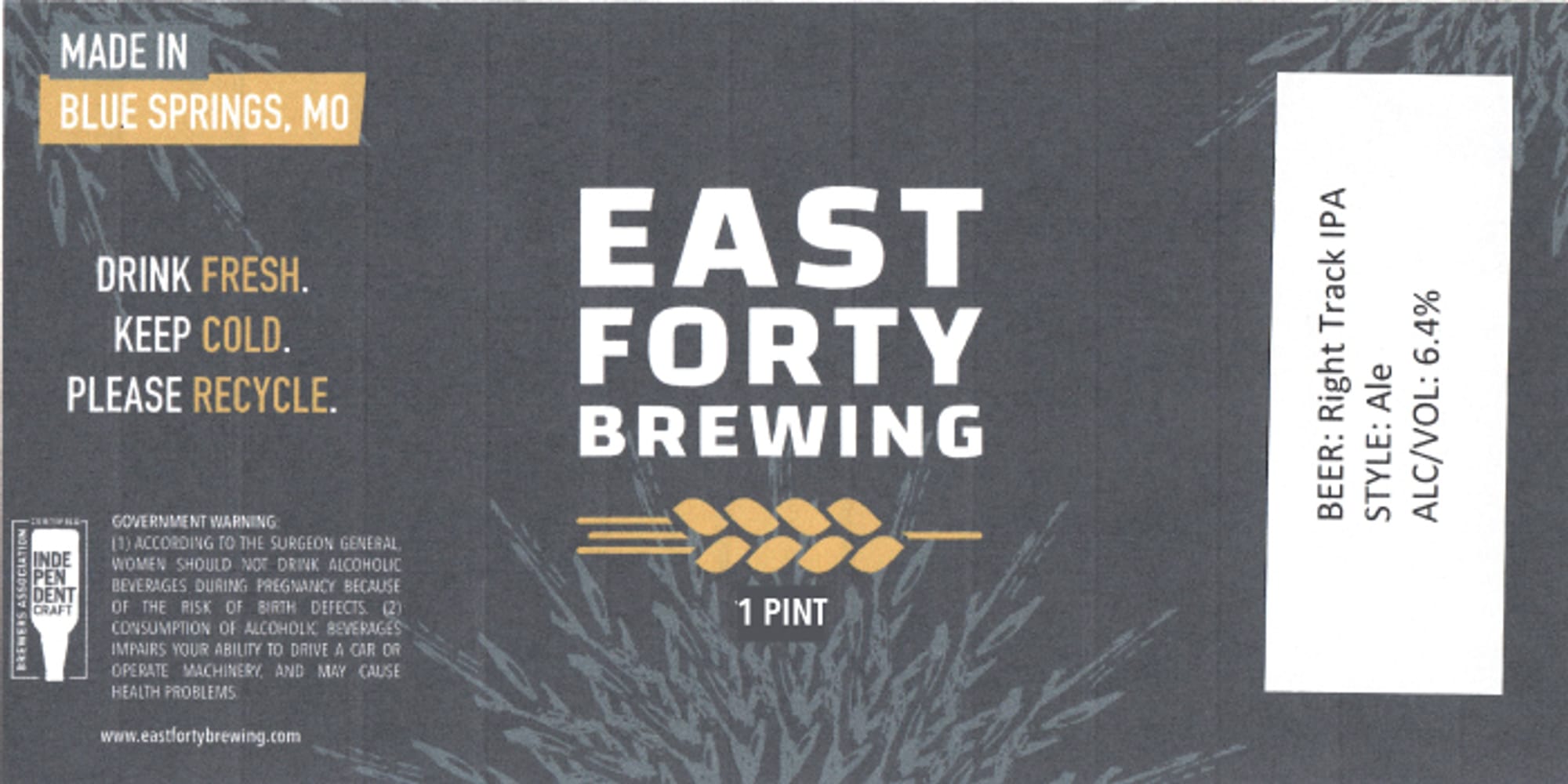 Right Track IPA by East Forty Brewing - beer label