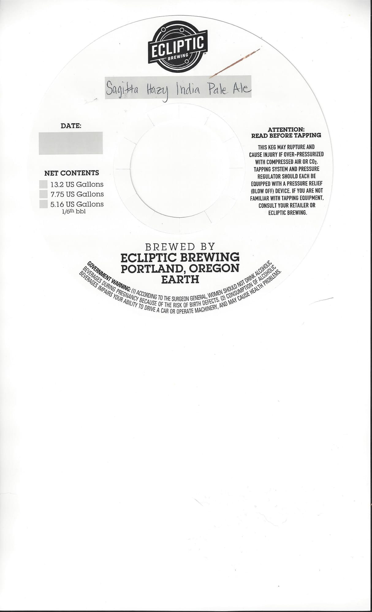 Sagitta Hazy India Pale Ale by Ecliptic Brewing - beer label