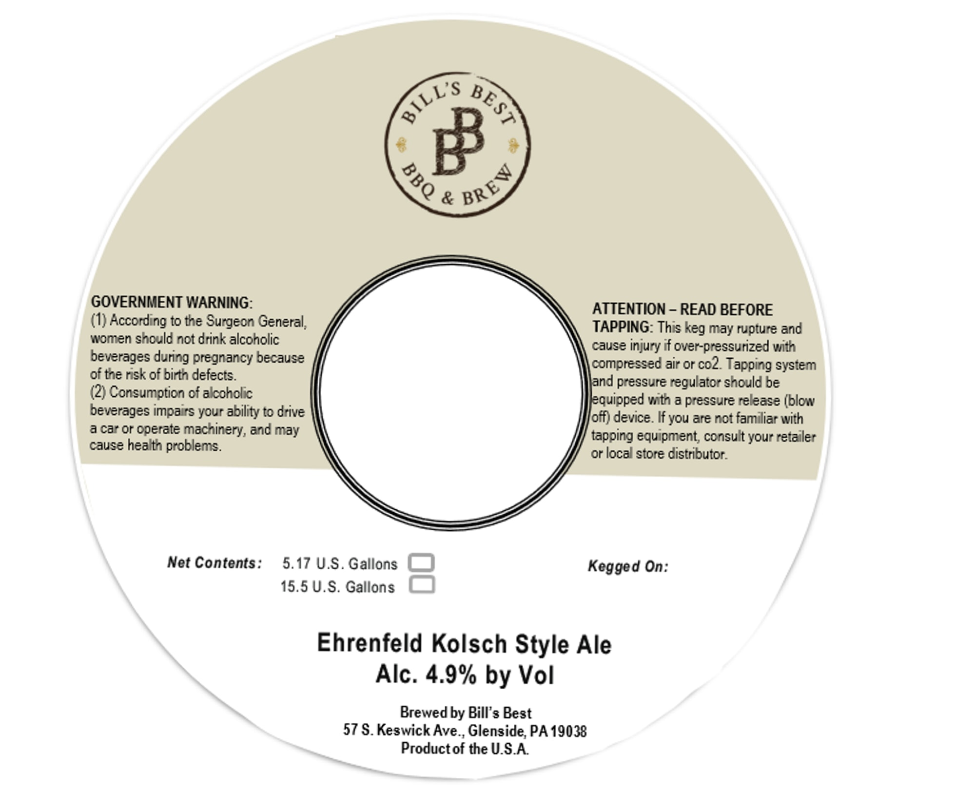 Ehrenfeld Kolsch Style Ale by Bill’s Best BBQ & Brew - beer label
