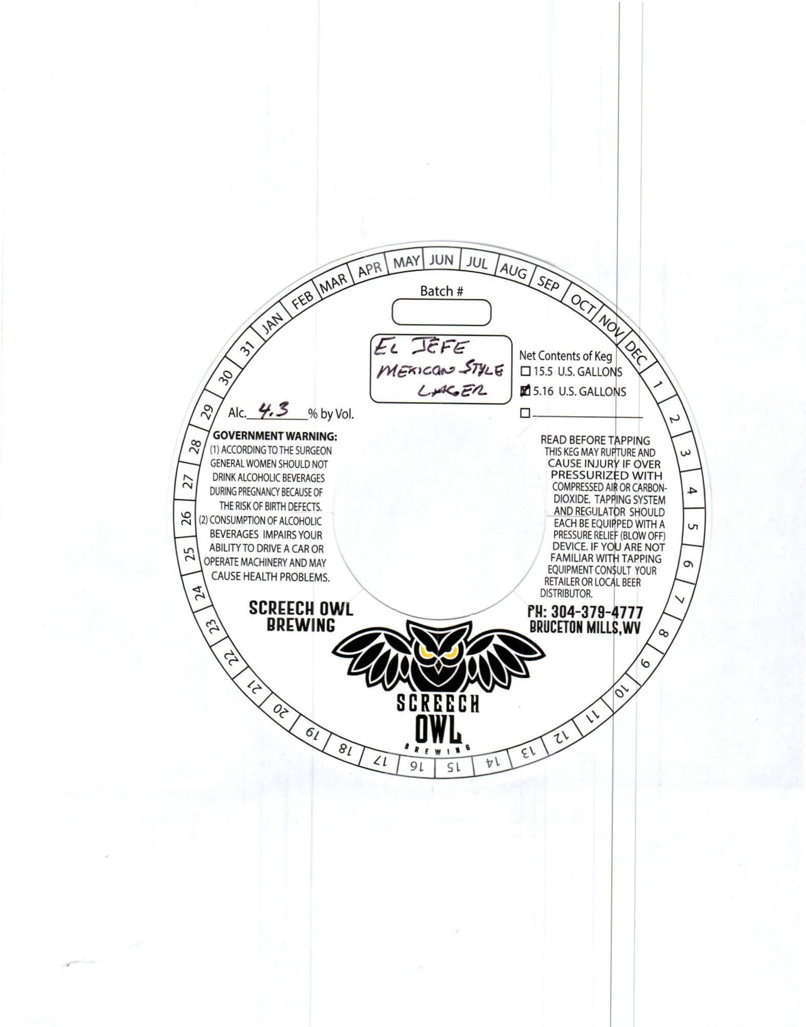 El Jefe Lyx Lager by Screech Owl Brewing - beer label