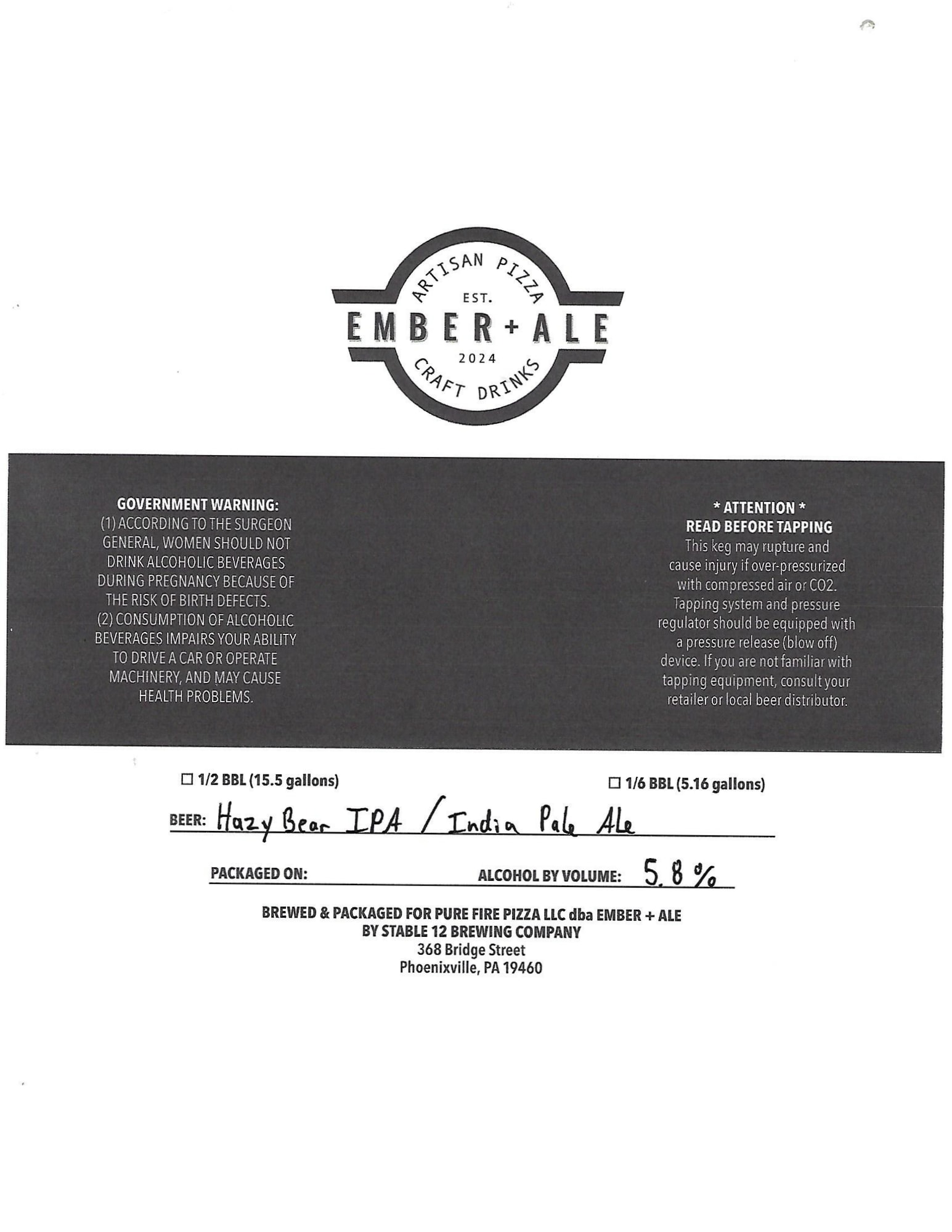 Hazy Bear IPA by Ember + Ale - beer label