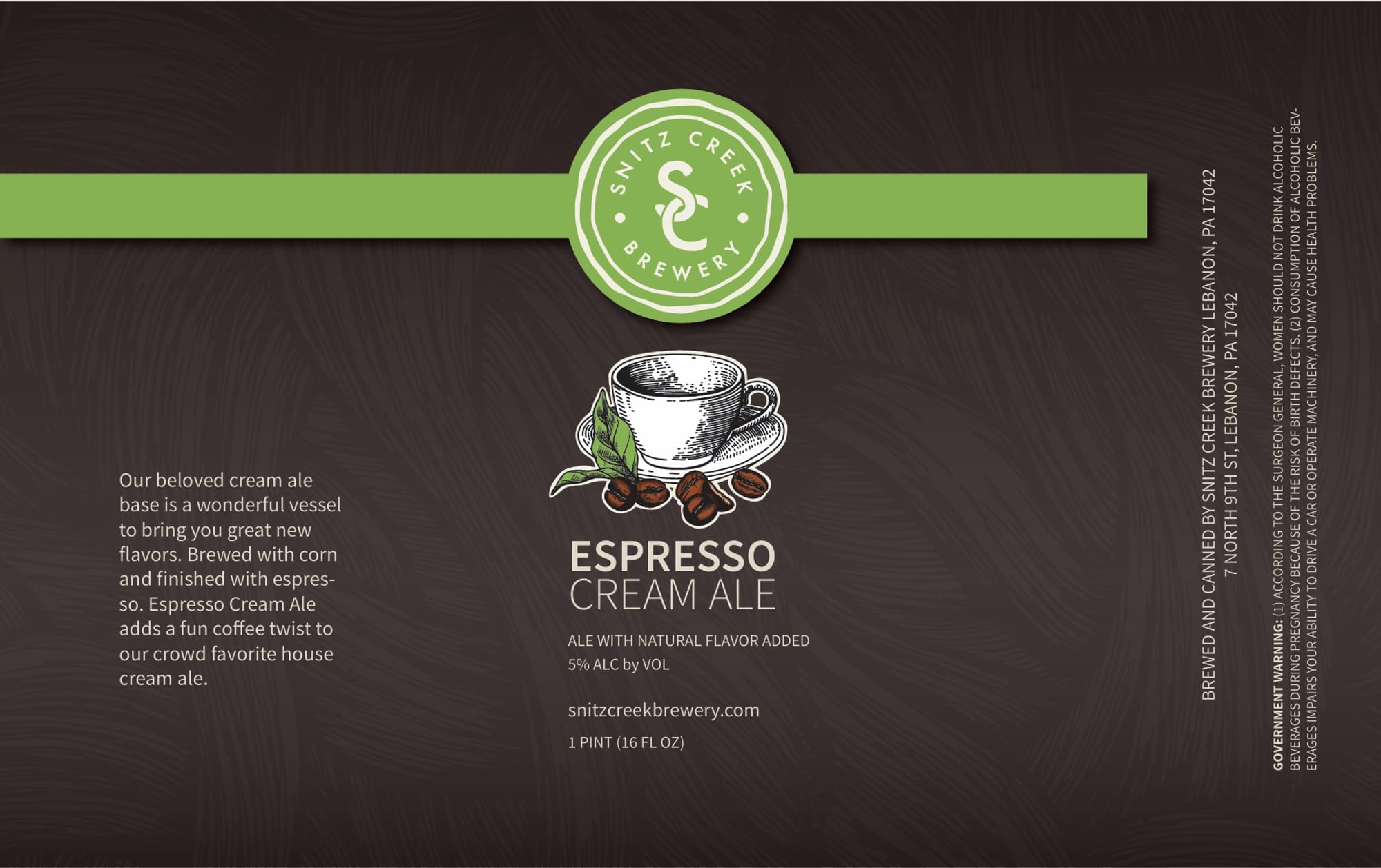 Espresso Cream Ale by Snitz Creek Brewery - beer label