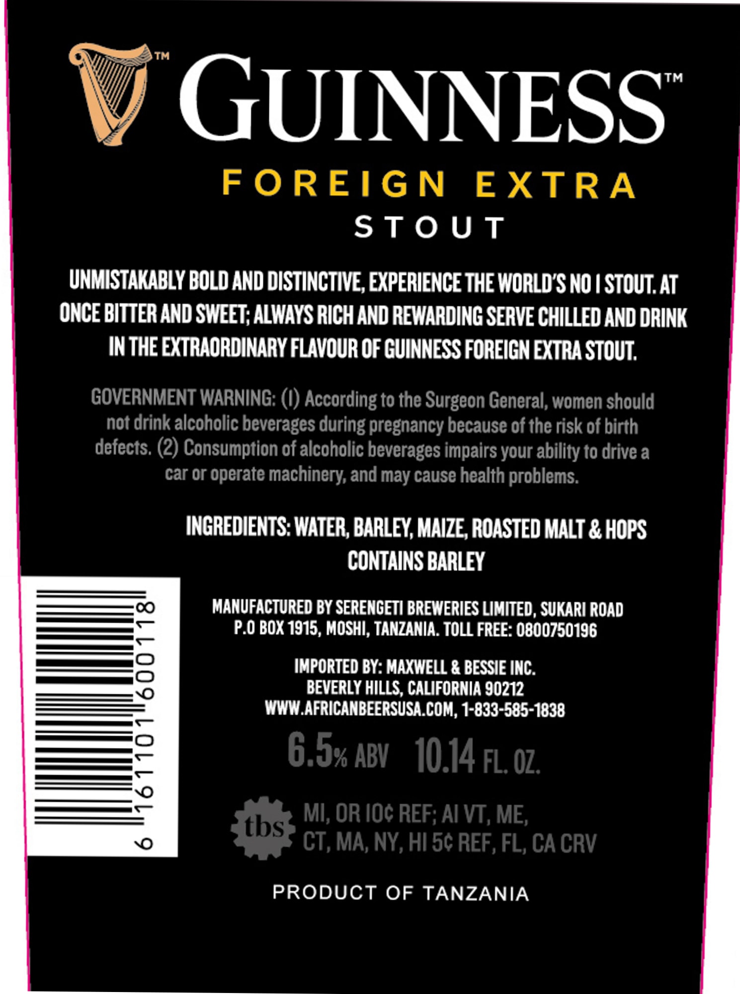 Foreign Extra Stout by Guinness - beer label