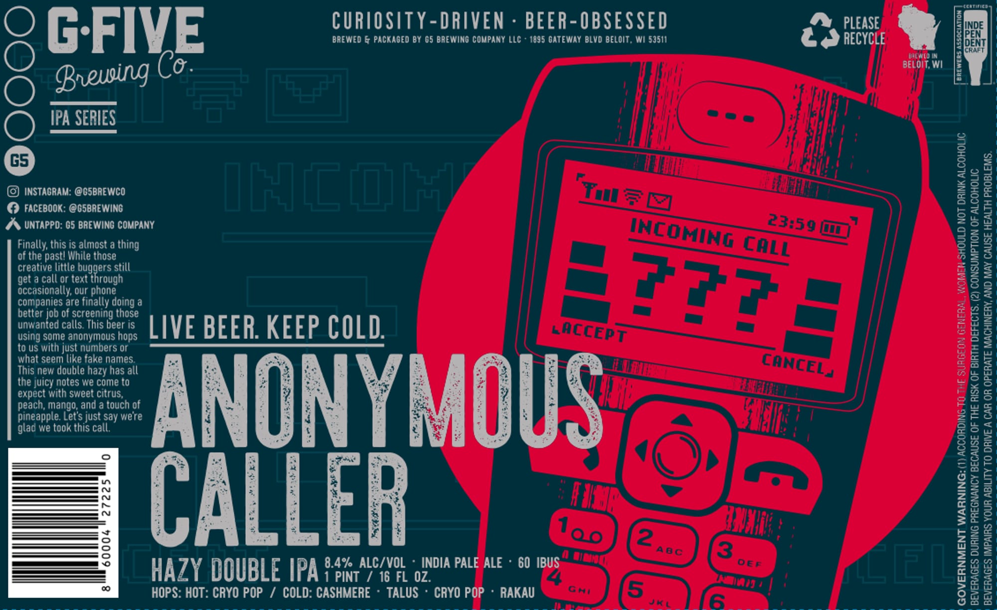 Anonymous Caller by G-Five Brewing Co. - beer label