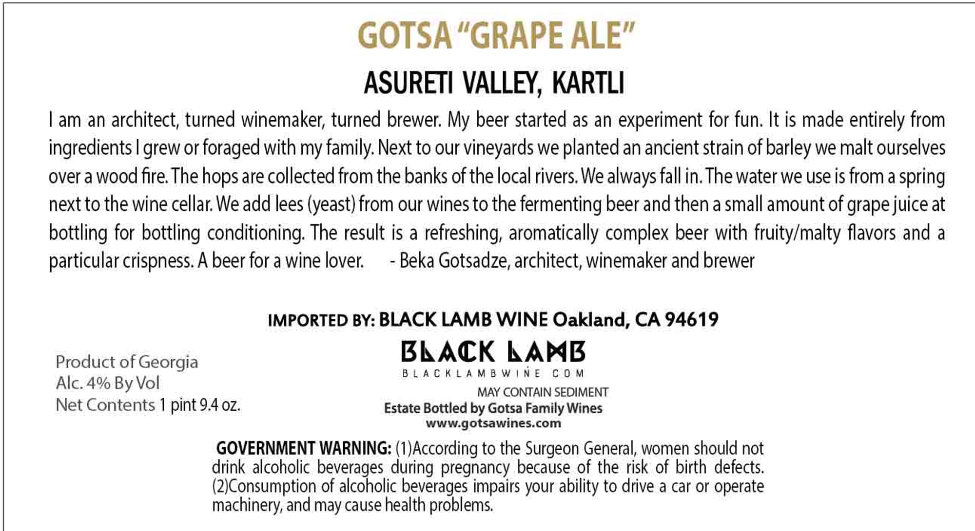Grape Ale by Black Lamb Wine - beer label