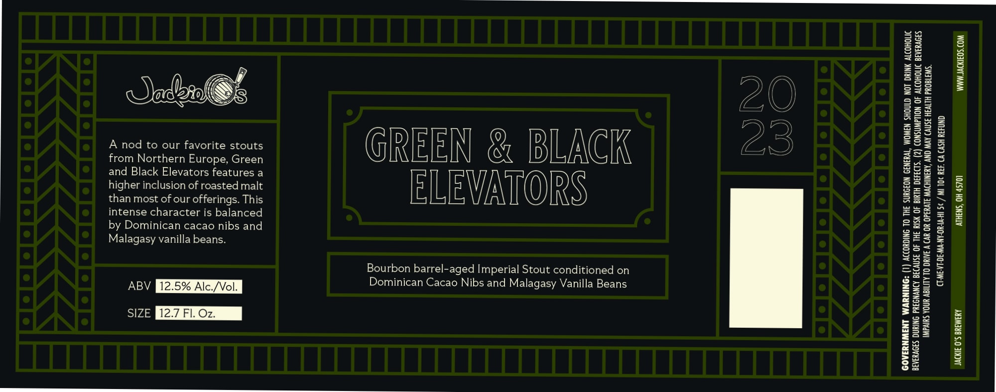 Green & Black Elevators by Jackie's Brewery - beer label