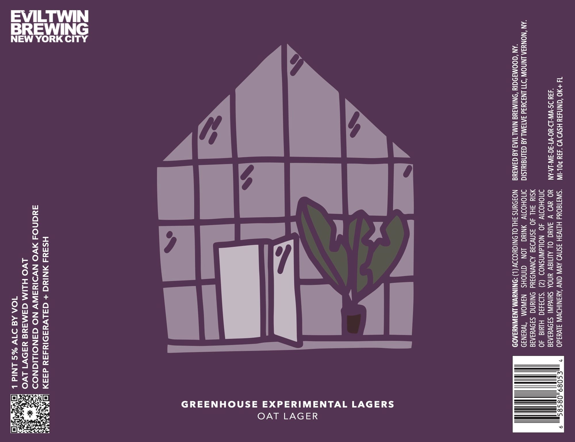 Greenhouse Oat Lager by Evil Twin Brewing - beer label